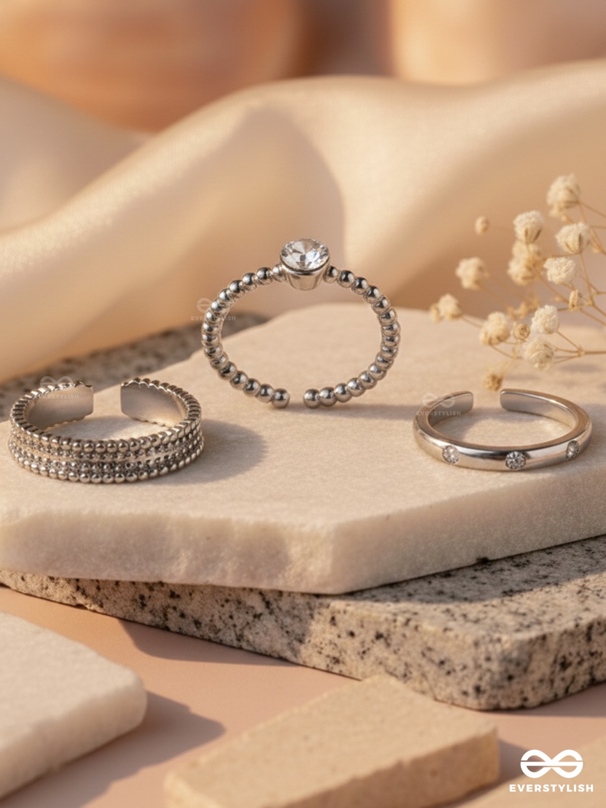 The Sterling Trio - Silver Cubic Zirconia Rings (Set Of 3 Adjustable)