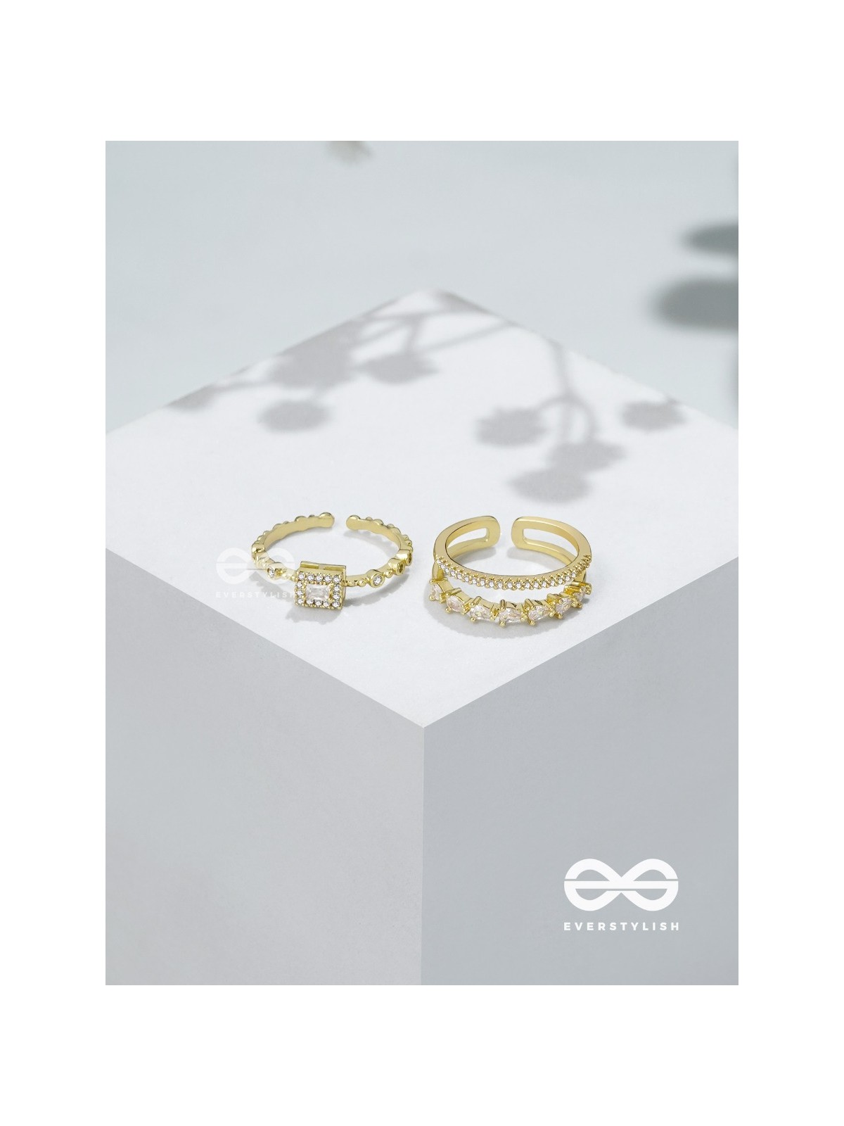 The Diamond Dreams - Golden Cubic Zirconia Rings (Set Of 2 Adjustable)