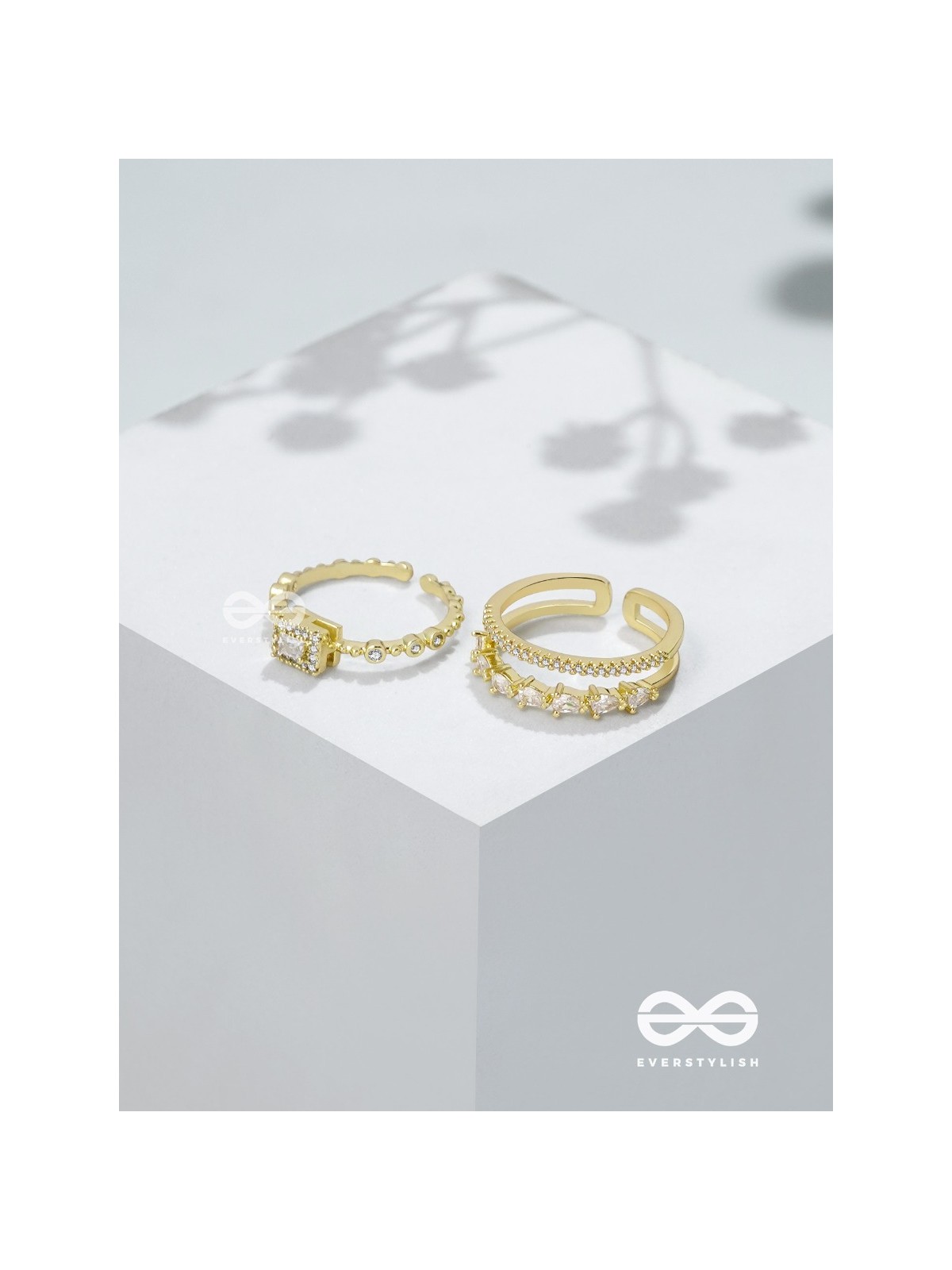 The Diamond Dreams - Golden Cubic Zirconia Rings (Set Of 2 Adjustable)