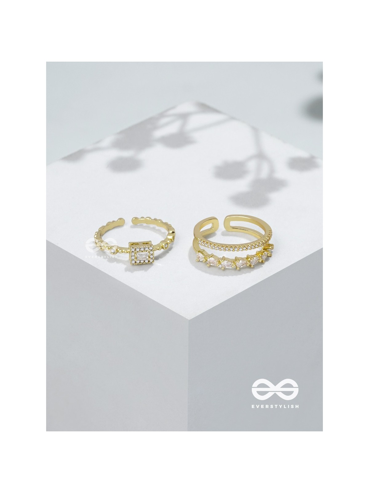 The Diamond Dreams - Golden Cubic Zirconia Rings (Set Of 2 Adjustable)