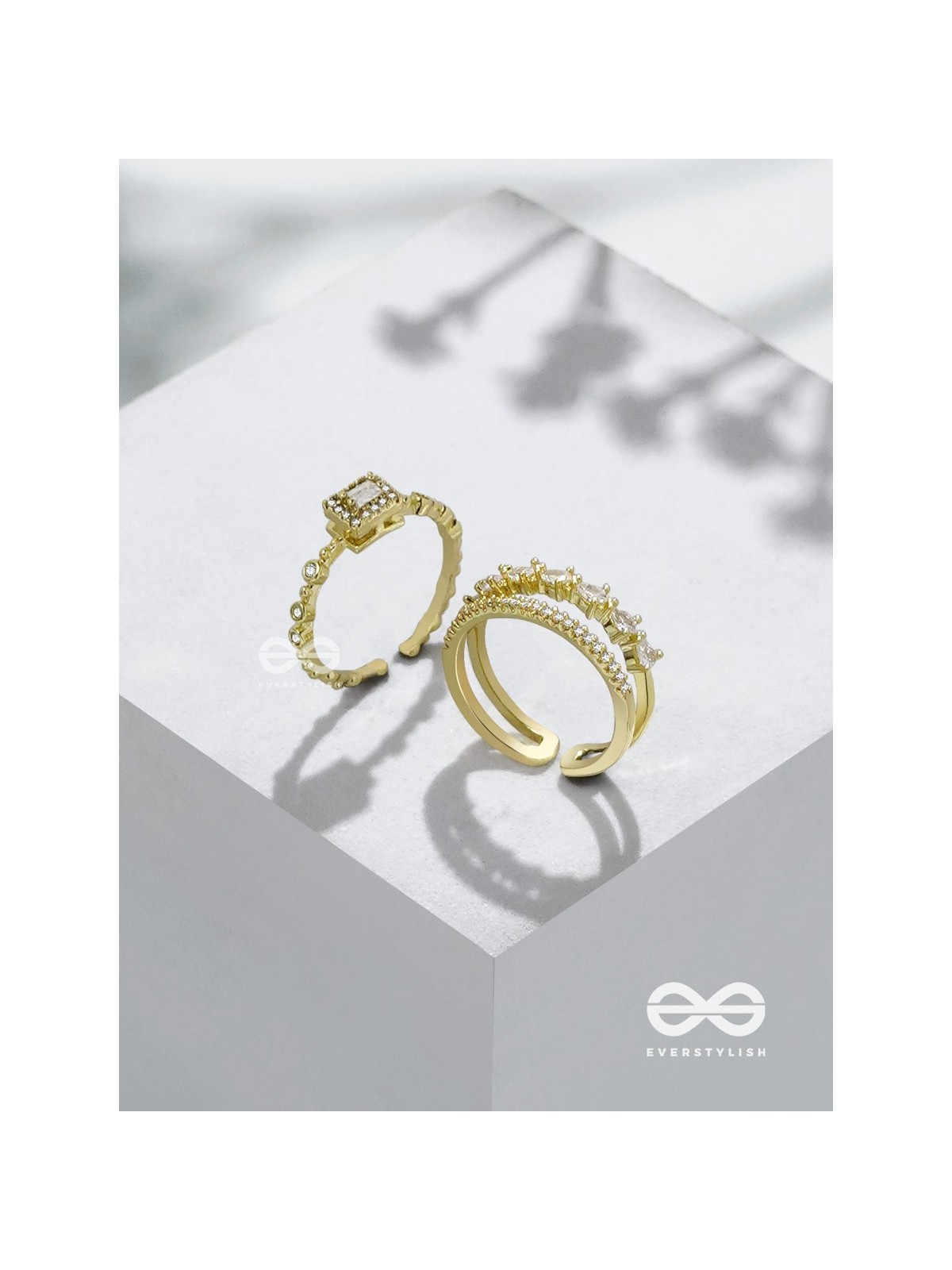 The Diamond Dreams - Golden Cubic Zirconia Rings (Set Of 2 Adjustable)