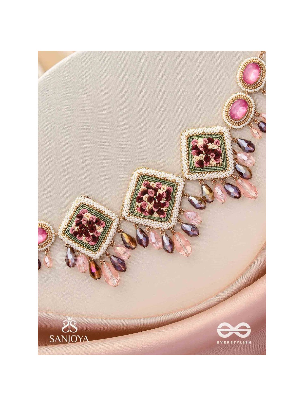 Prapushpit - The Eternal Bloom - Stones, Resham, Beads And Glass Drops Hand Embroidered Neckpiece