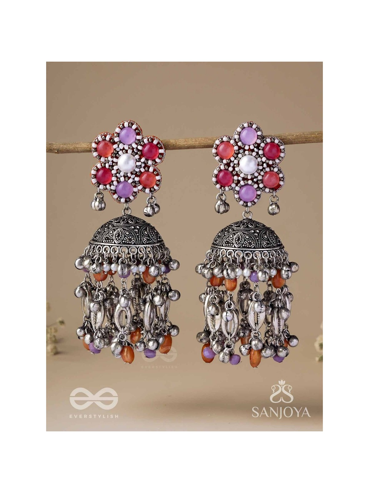 Punyodyan - The Shell Shalimar - Beads, Shells And Glass Drops Hand Embroidered Oxidised Jhumka Earrings