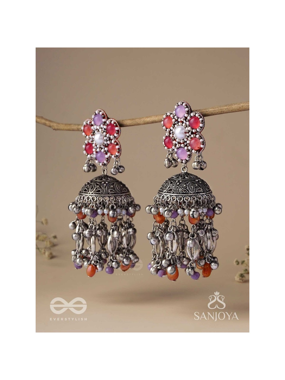 Punyodyan - The Shell Shalimar - Beads, Shells And Glass Drops Hand Embroidered Oxidised Jhumka Earrings