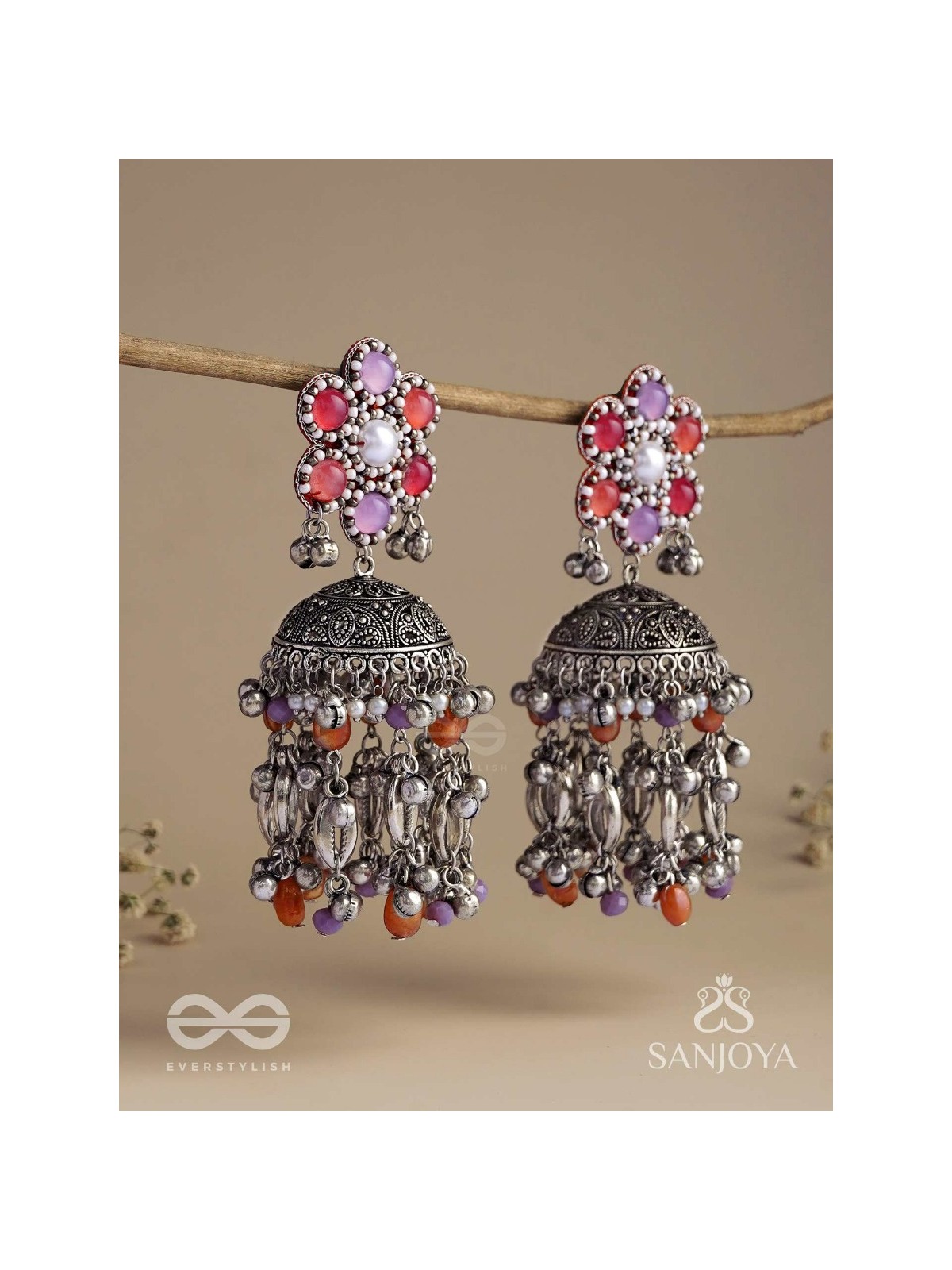 Punyodyan - The Shell Shalimar - Beads, Shells And Glass Drops Hand Embroidered Oxidised Jhumka Earrings