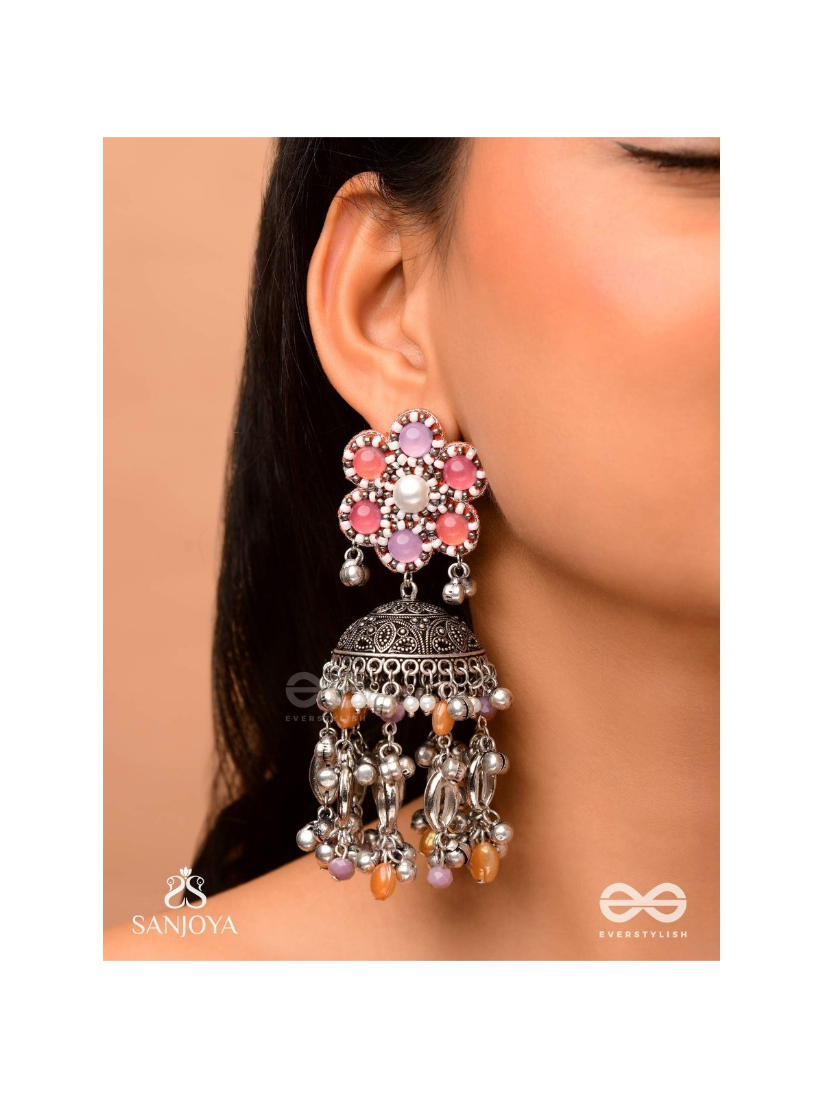 Punyodyan - The Shell Shalimar - Beads, Shells And Glass Drops Hand Embroidered Oxidised Jhumka Earrings