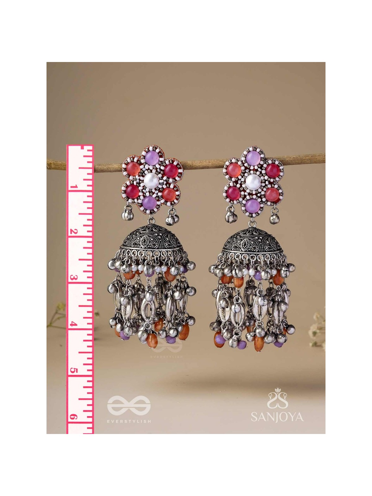 Punyodyan - The Shell Shalimar - Beads, Shells And Glass Drops Hand Embroidered Oxidised Jhumka Earrings