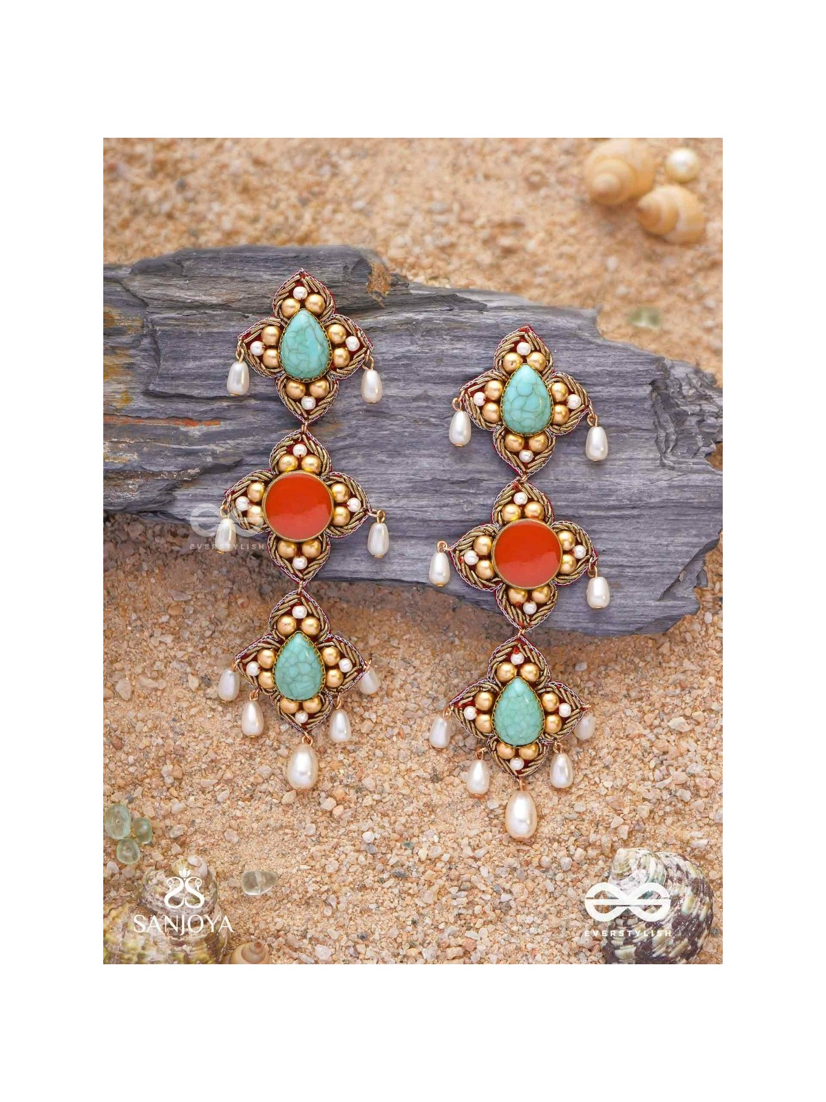 Bhritpushpa - The Floral Cascade - Beads, Dabka And Pearl Drops Hand Embroidered Earrings