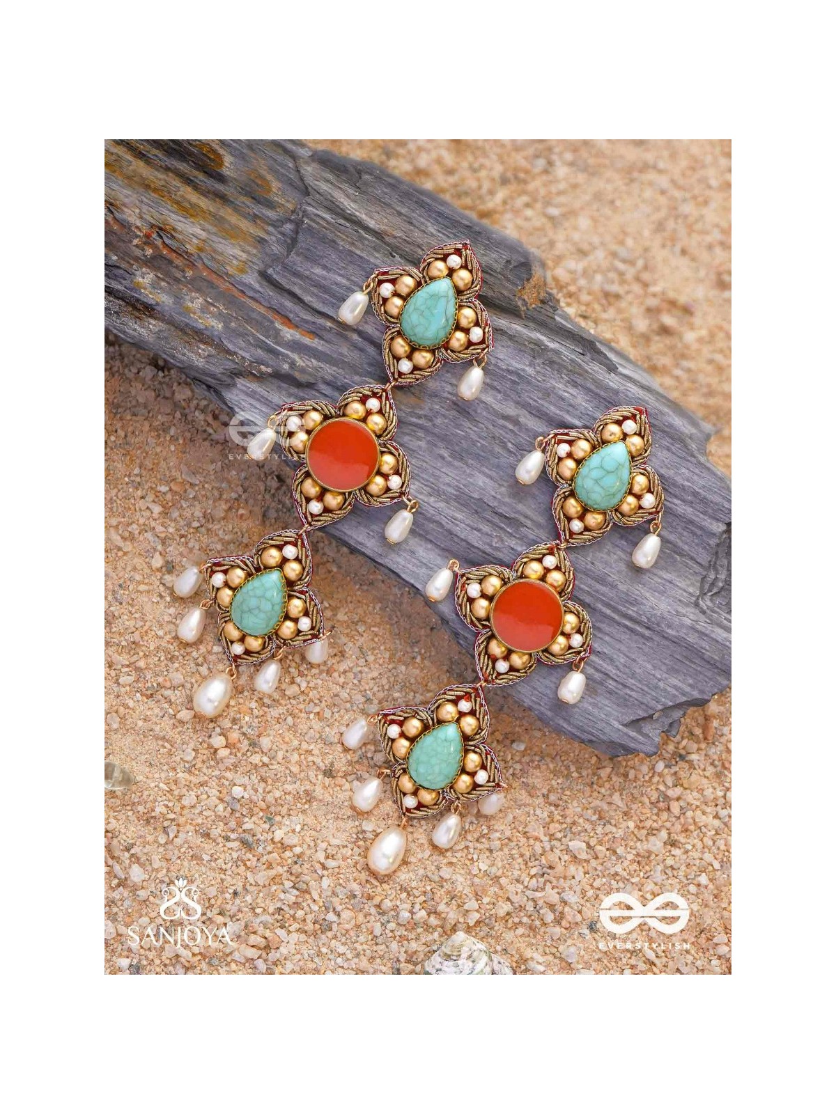 Bhritpushpa - The Floral Cascade - Beads, Dabka And Pearl Drops Hand Embroidered Earrings