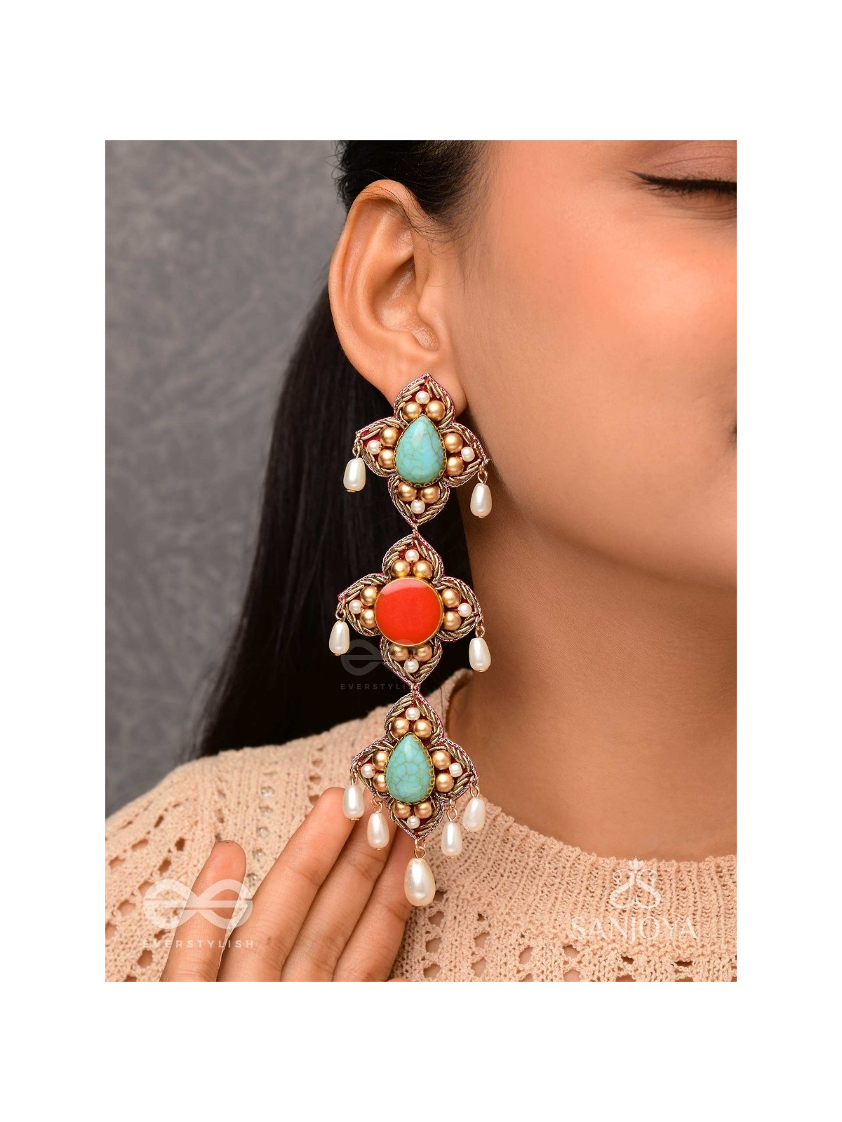 Bhritpushpa - The Floral Cascade - Beads, Dabka And Pearl Drops Hand Embroidered Earrings