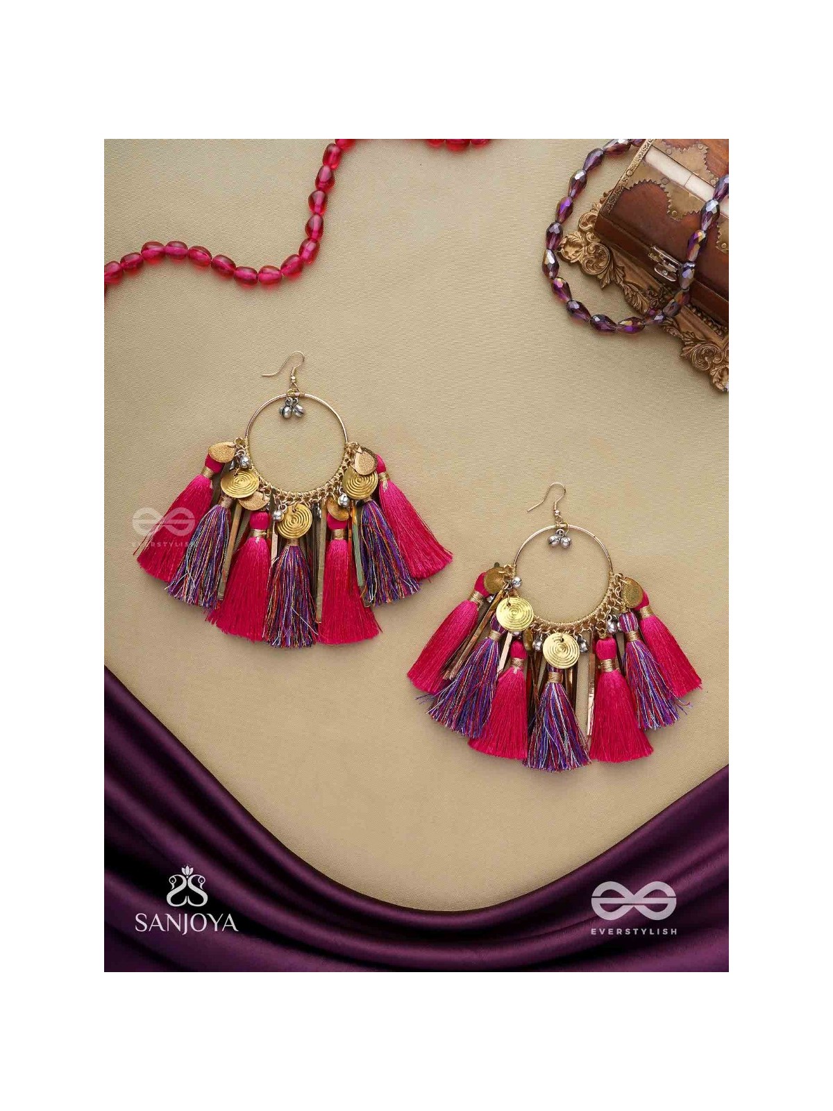 Aruniman - The Scarlet Melody - Resham, Coins And Beads Hand Embroidered Oxidised Hoop Earrings