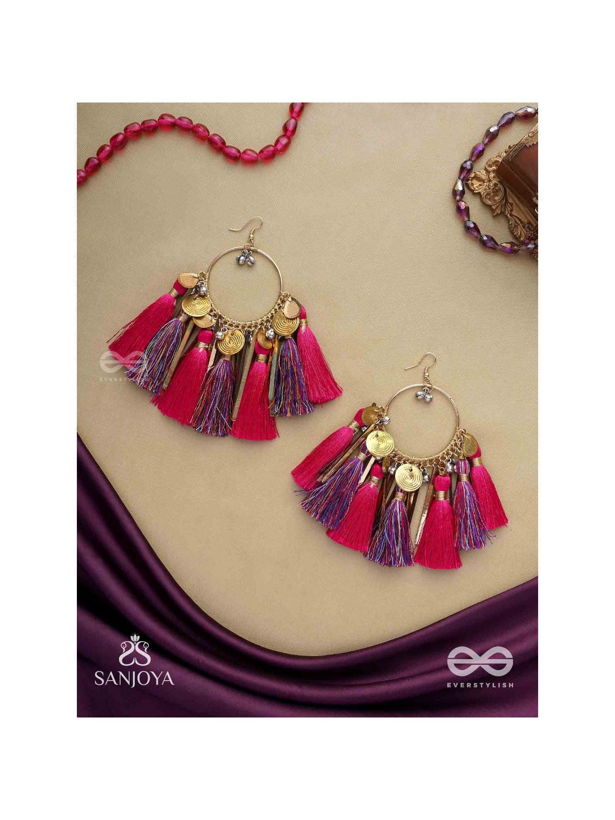 Aruniman - The Scarlet Melody - Resham, Coins And Beads Hand Embroidered Oxidised Hoop Earrings
