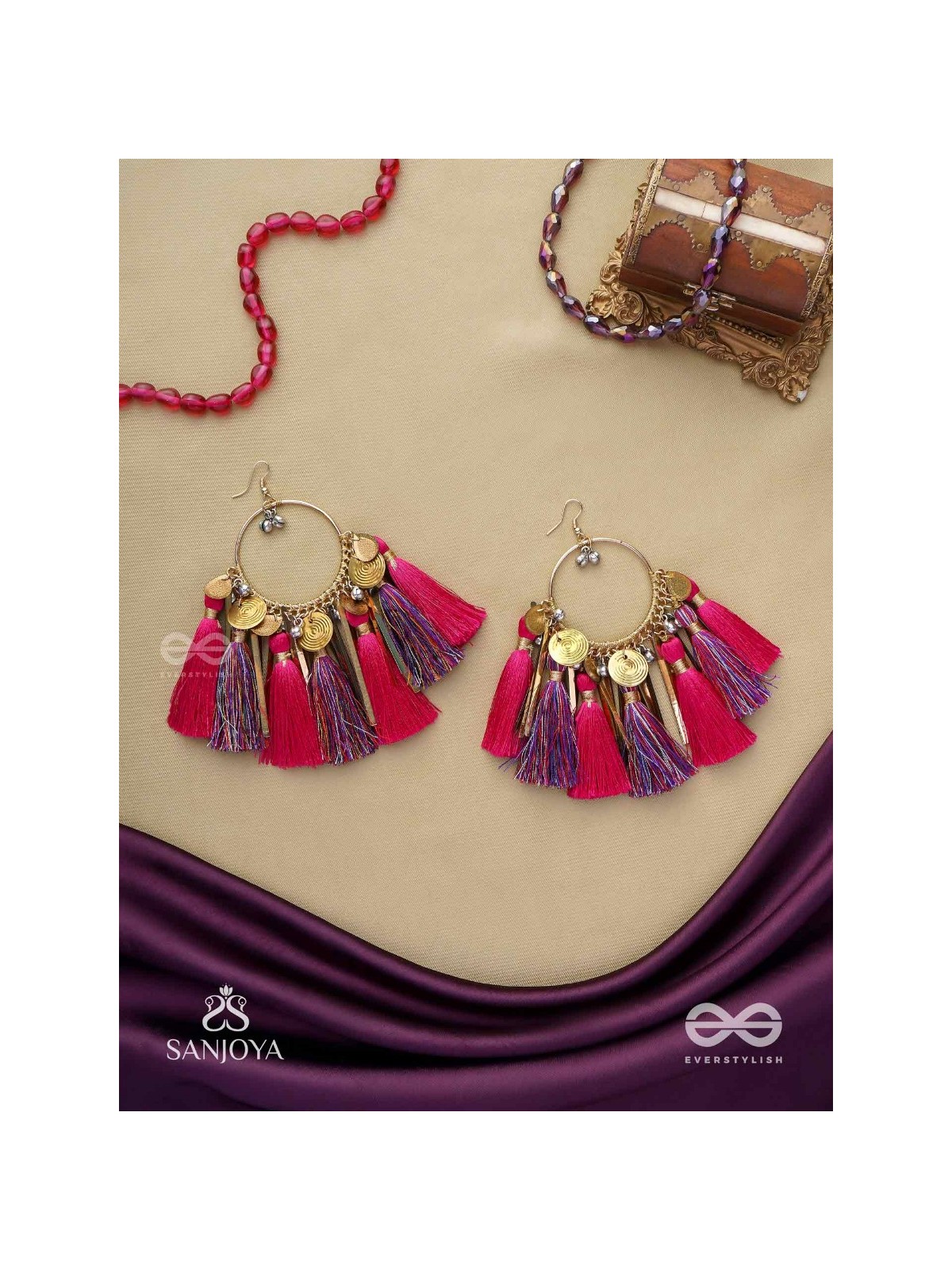 Aruniman - The Scarlet Melody - Resham, Coins And Beads Hand Embroidered Oxidised Hoop Earrings