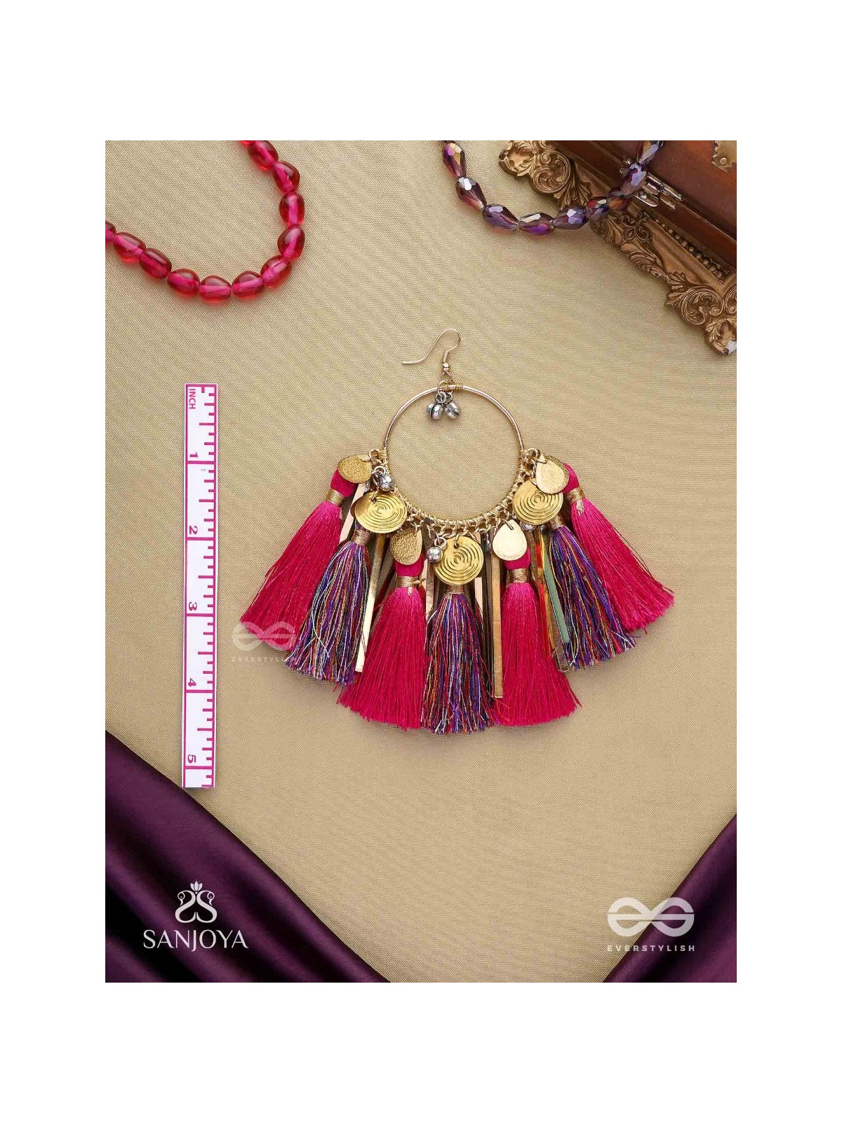 Aruniman - The Scarlet Melody - Resham, Coins And Beads Hand Embroidered Oxidised Hoop Earrings