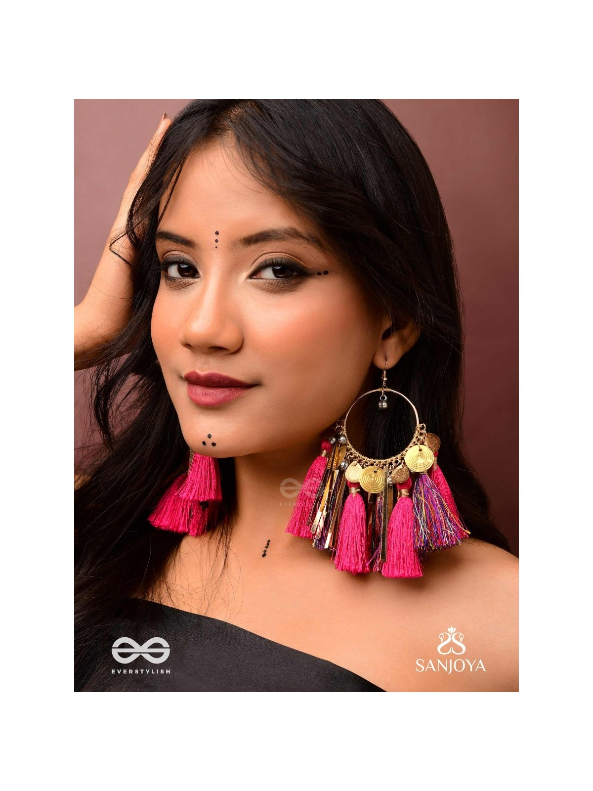 Aruniman - The Scarlet Melody - Resham, Coins And Beads Hand Embroidered Oxidised Hoop Earrings