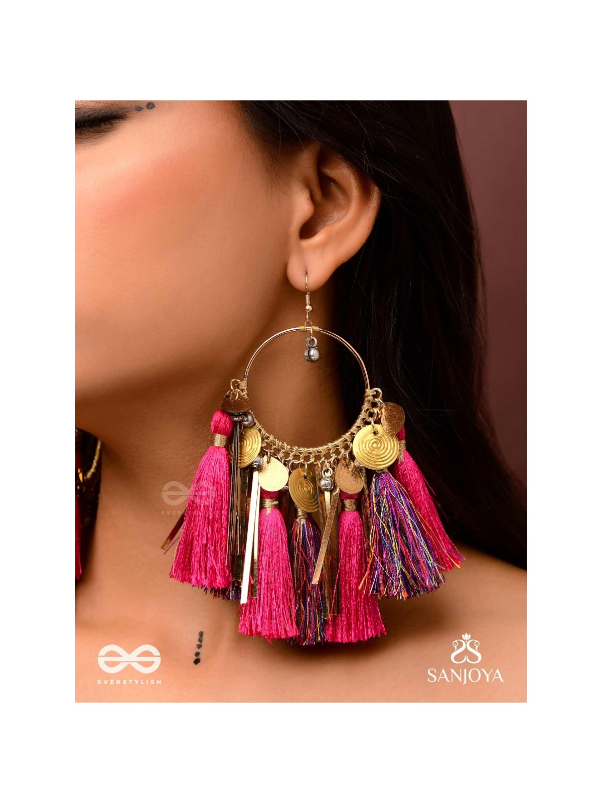 Aruniman - The Scarlet Melody - Resham, Coins And Beads Hand Embroidered Oxidised Hoop Earrings