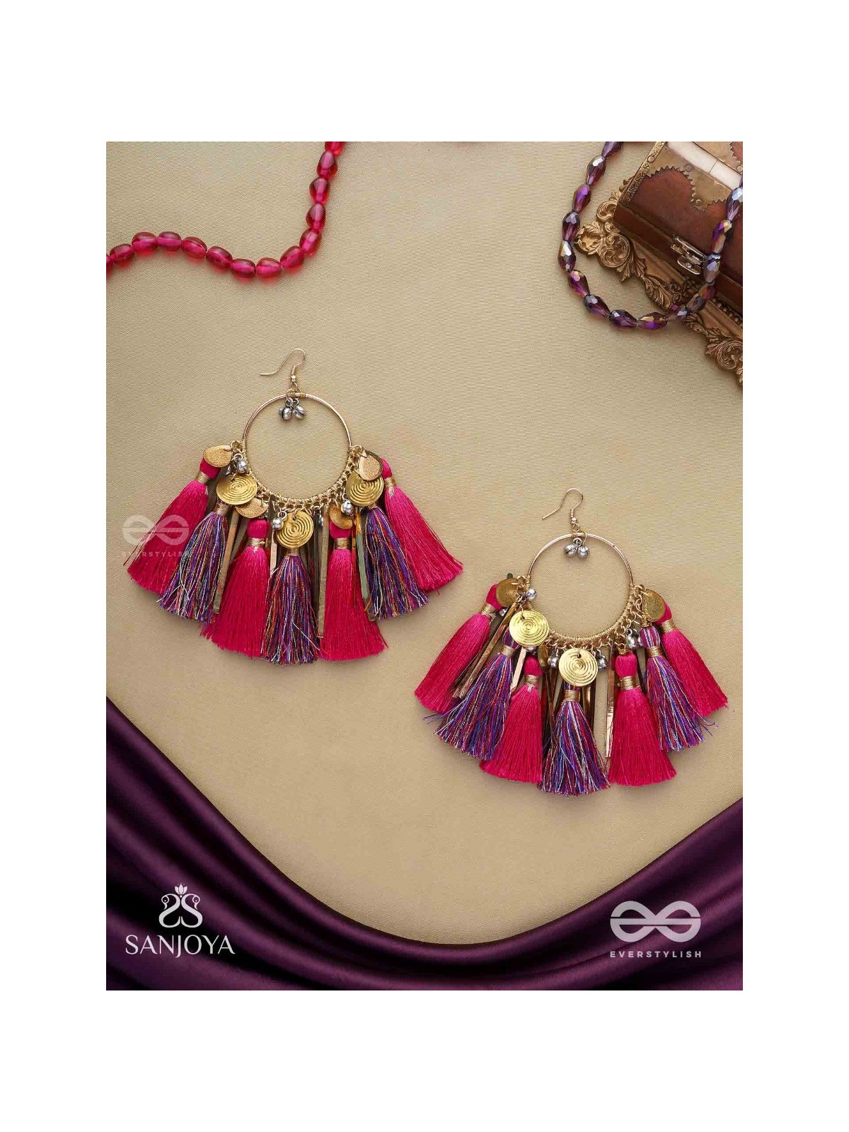 Aruniman - The Scarlet Melody - Resham, Coins And Beads Hand Embroidered Oxidised Hoop Earrings