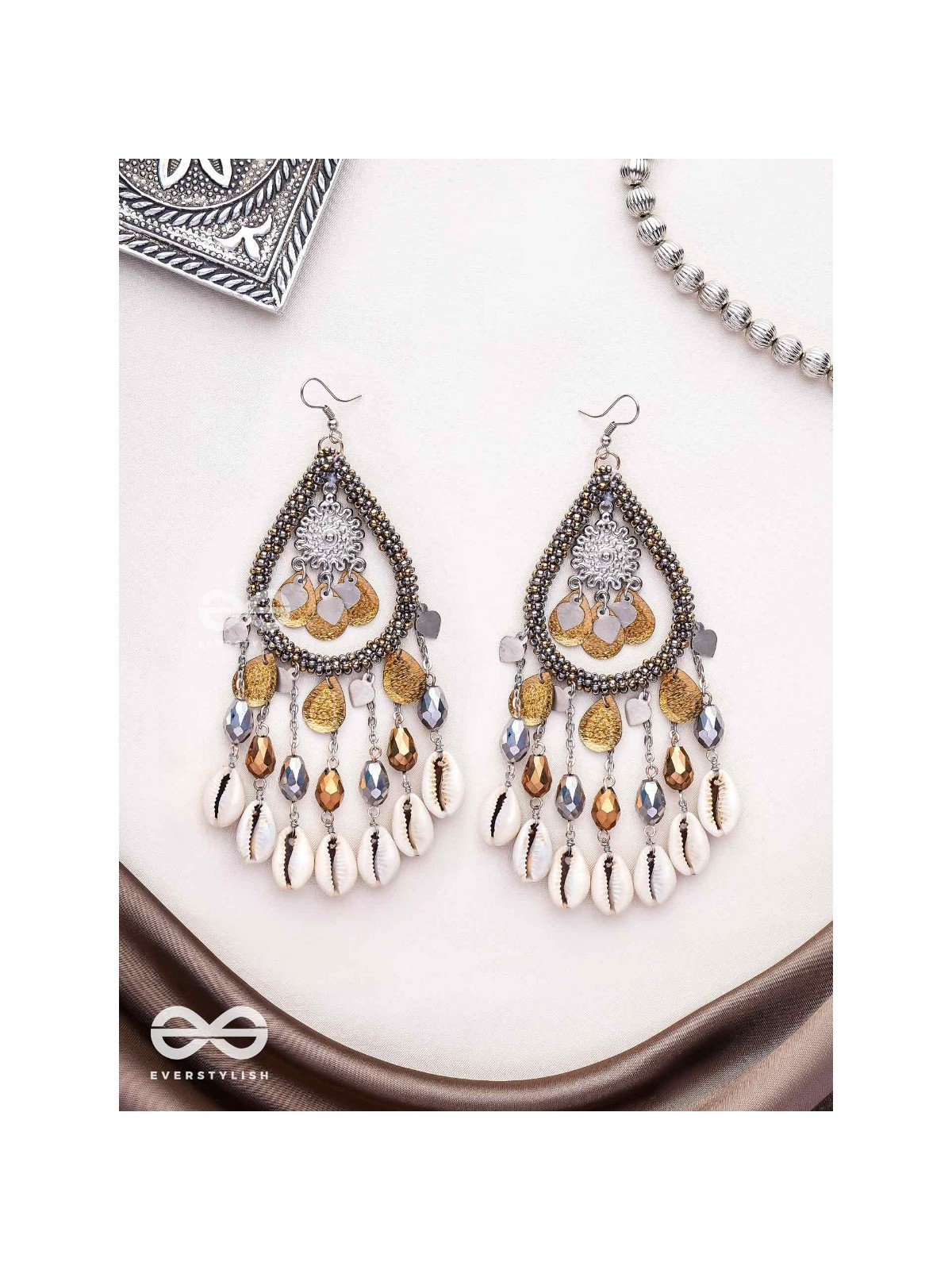 The Singing Shore - Shells, Beads And Glass Drops Hand Embroidered Oxidised Earrings