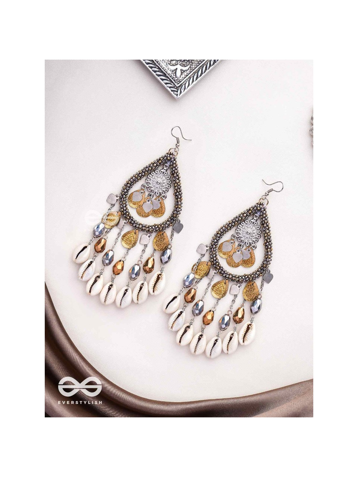 The Singing Shore - Shells, Beads And Glass Drops Hand Embroidered Oxidised Earrings