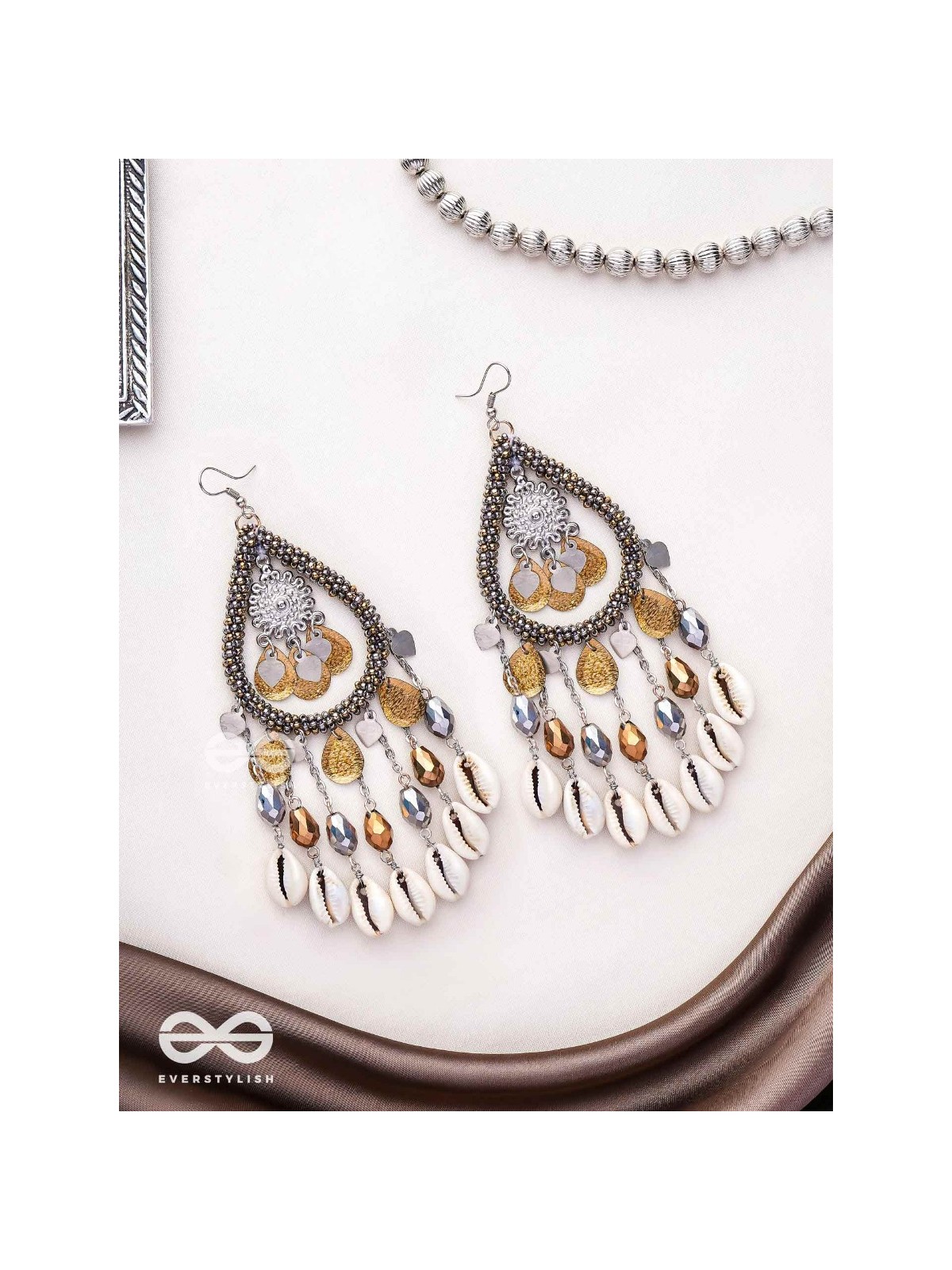 The Singing Shore - Shells, Beads And Glass Drops Hand Embroidered Oxidised Earrings