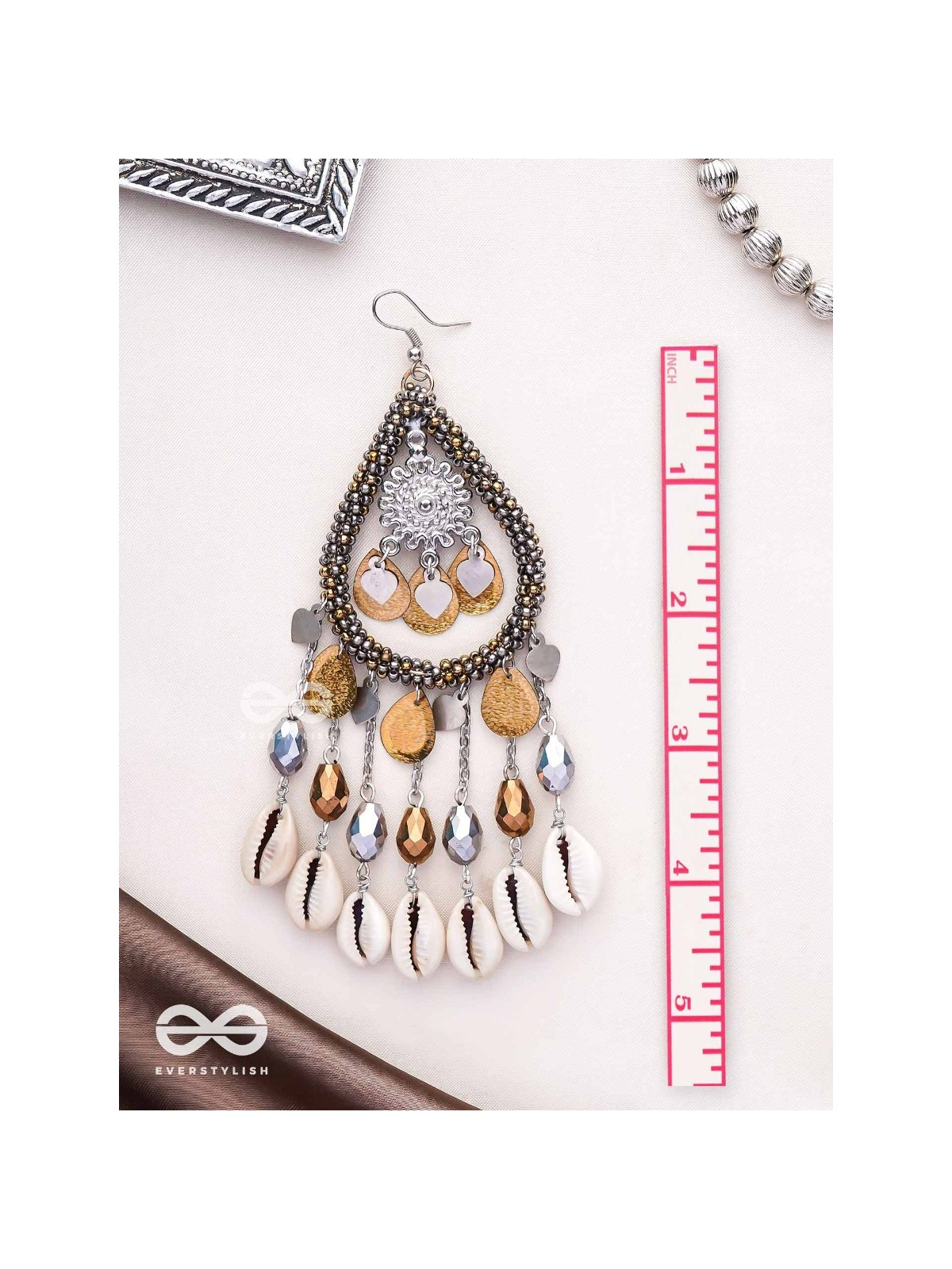 The Singing Shore - Shells, Beads And Glass Drops Hand Embroidered Oxidised Earrings