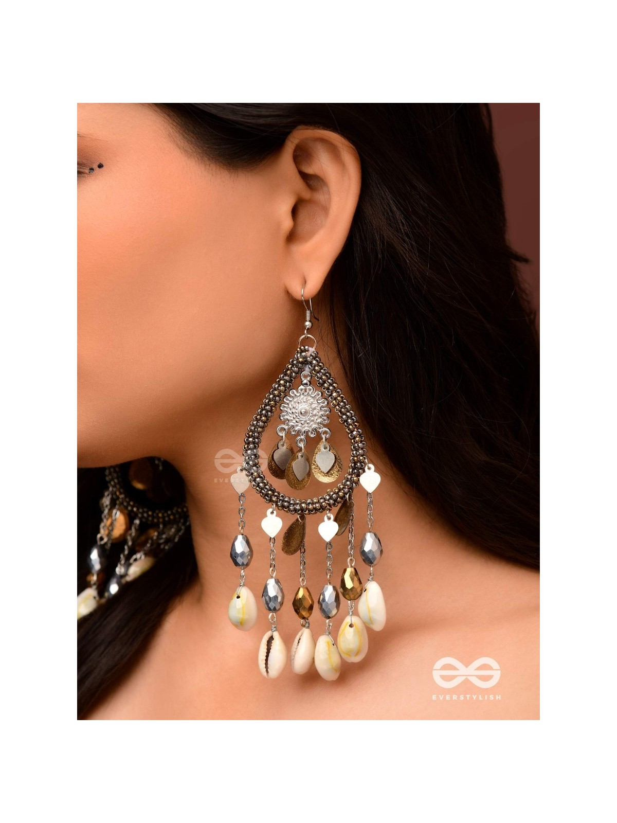 The Singing Shore - Shells, Beads And Glass Drops Hand Embroidered Oxidised Earrings