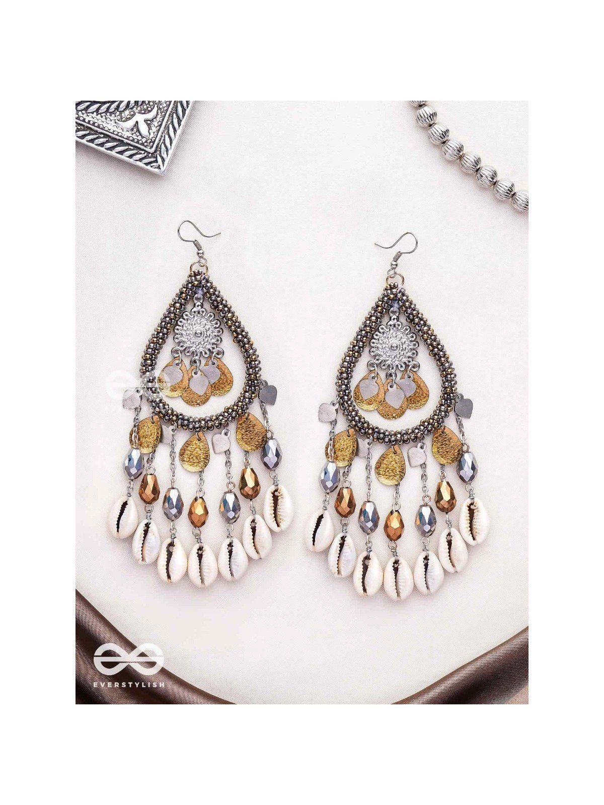 The Singing Shore - Shells, Beads And Glass Drops Hand Embroidered Oxidised Earrings