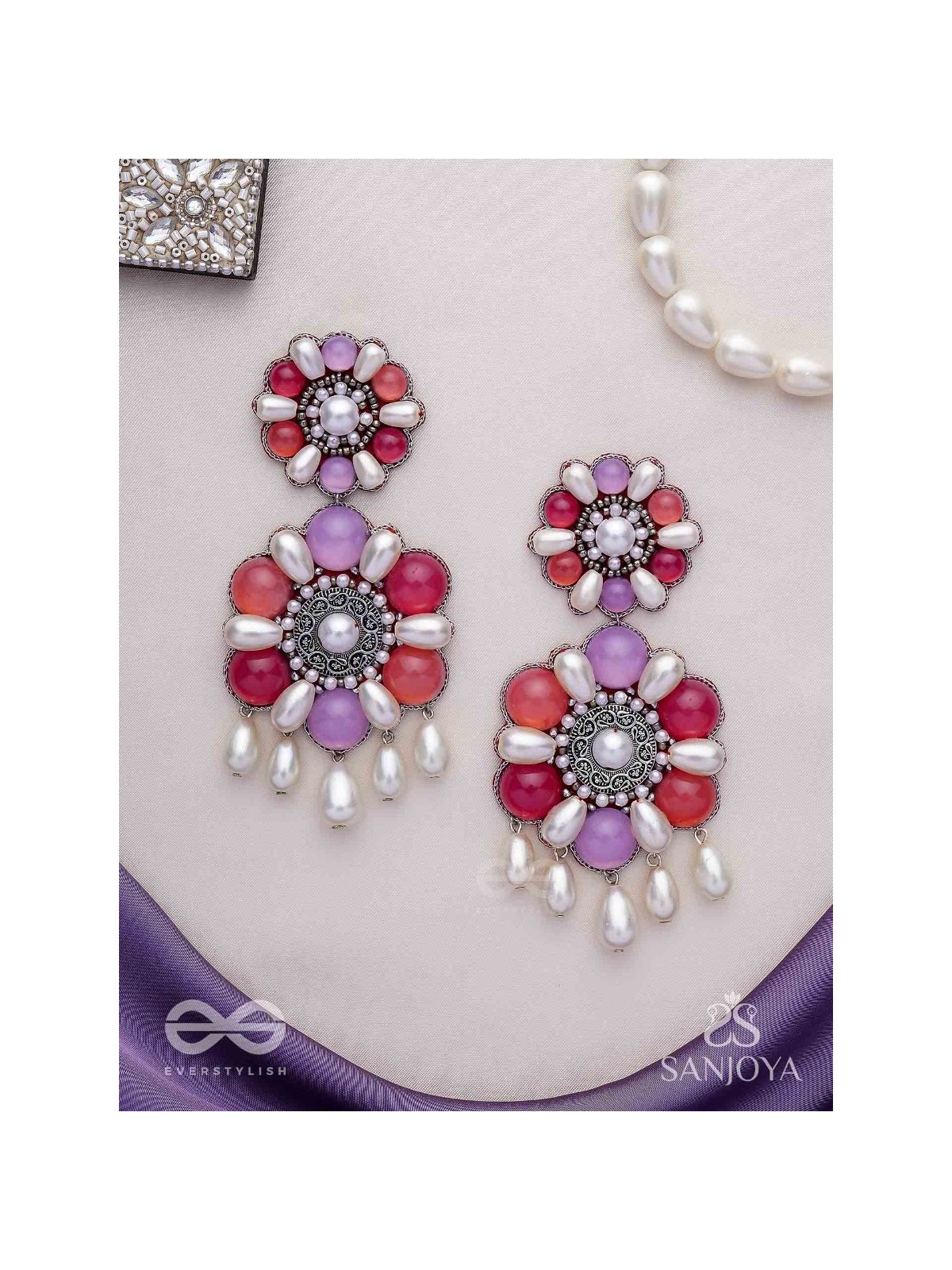 Laagnritt - Waltz Of The Flowers - Beads And Pearl Drops Hand Embroidered Oxidised Earrings