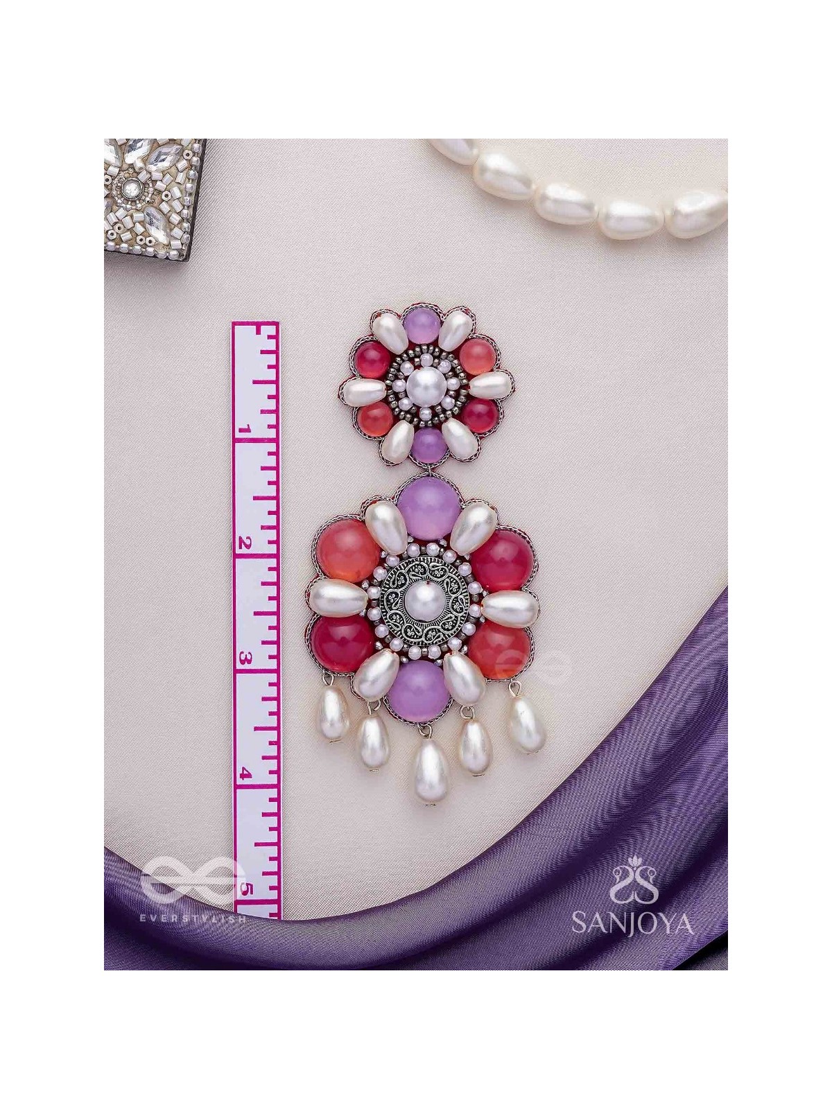 Laagnritt - Waltz Of The Flowers - Beads And Pearl Drops Hand Embroidered Oxidised Earrings