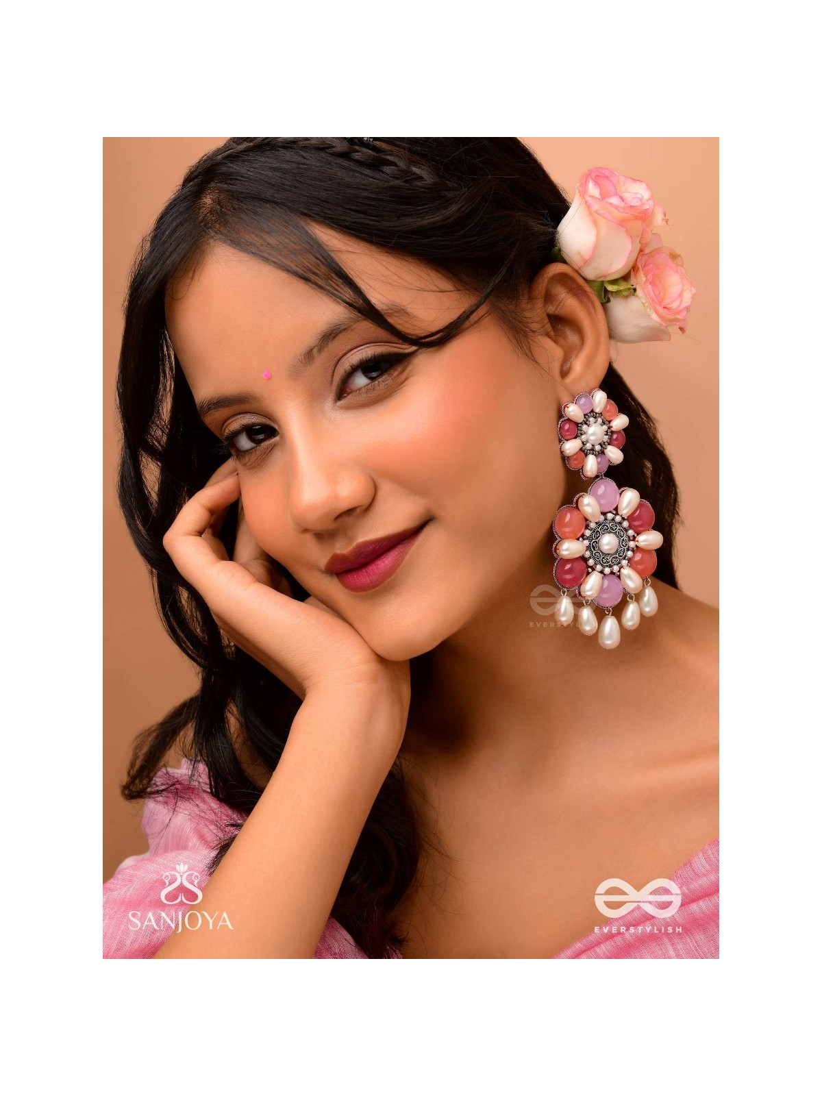 Laagnritt - Waltz Of The Flowers - Beads And Pearl Drops Hand Embroidered Oxidised Earrings