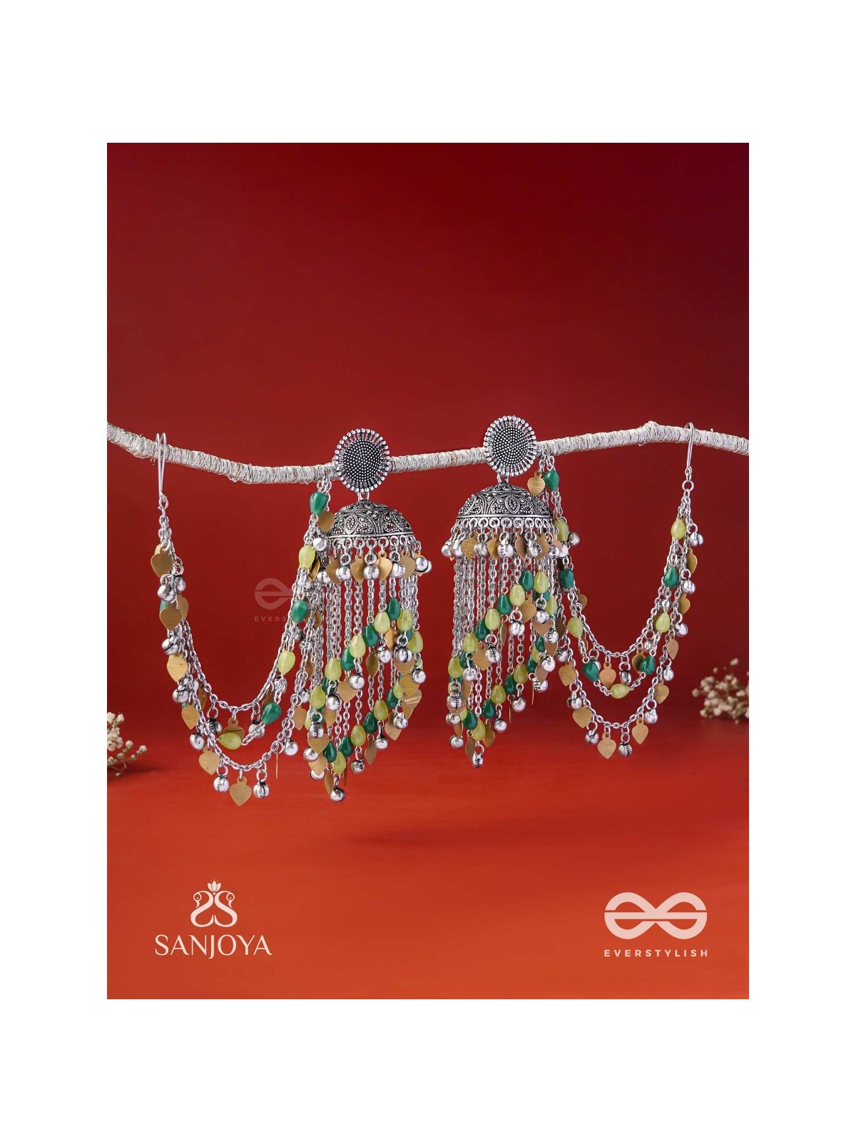Girayah - Souvenirs Of The Nature - Beads And Glass Drops Hand Embroidered Oxidised Chain Earrings