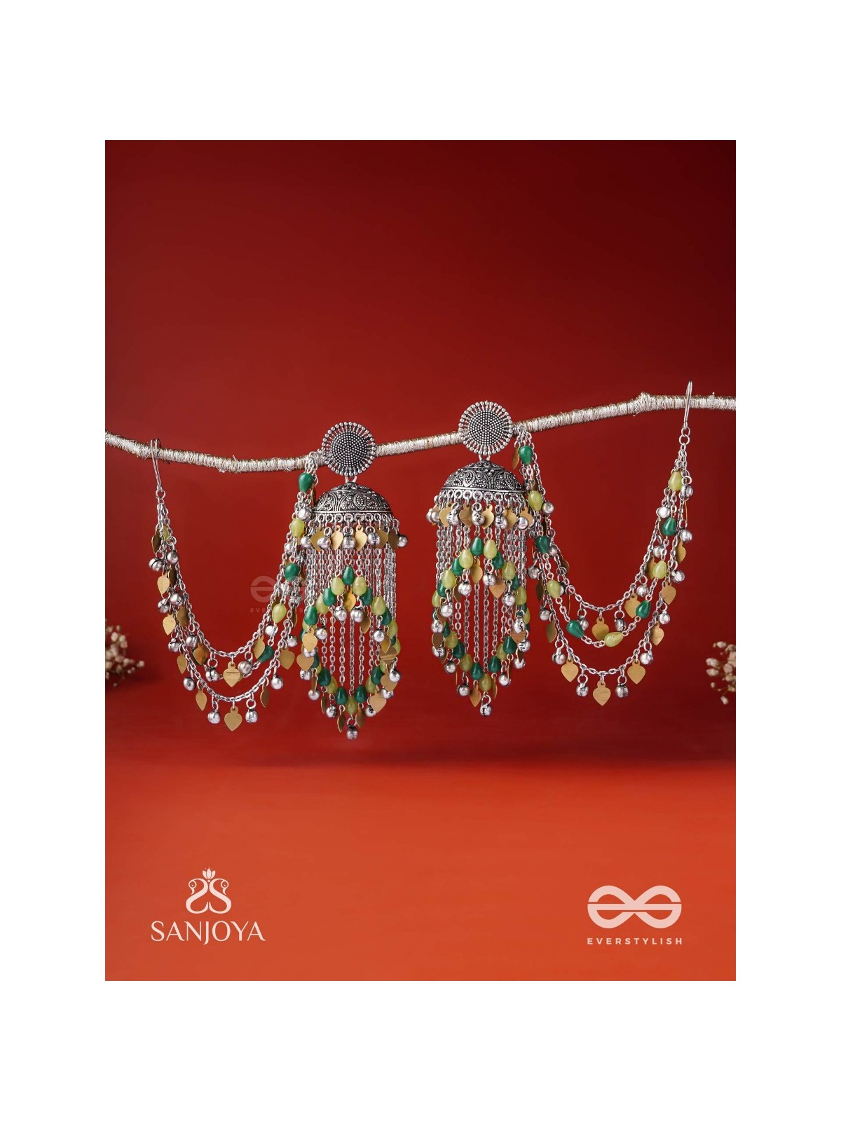 Girayah - Souvenirs Of The Nature - Beads And Glass Drops Hand Embroidered Oxidised Chain Earrings