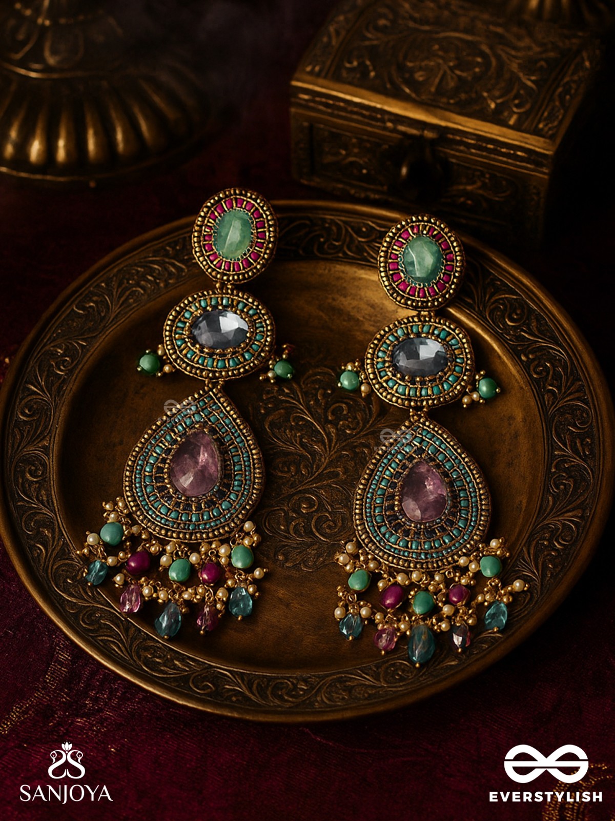 Adhirajani - The Night Stories - Stones, Beads And Glass Drops Hand Embroidered Earrings