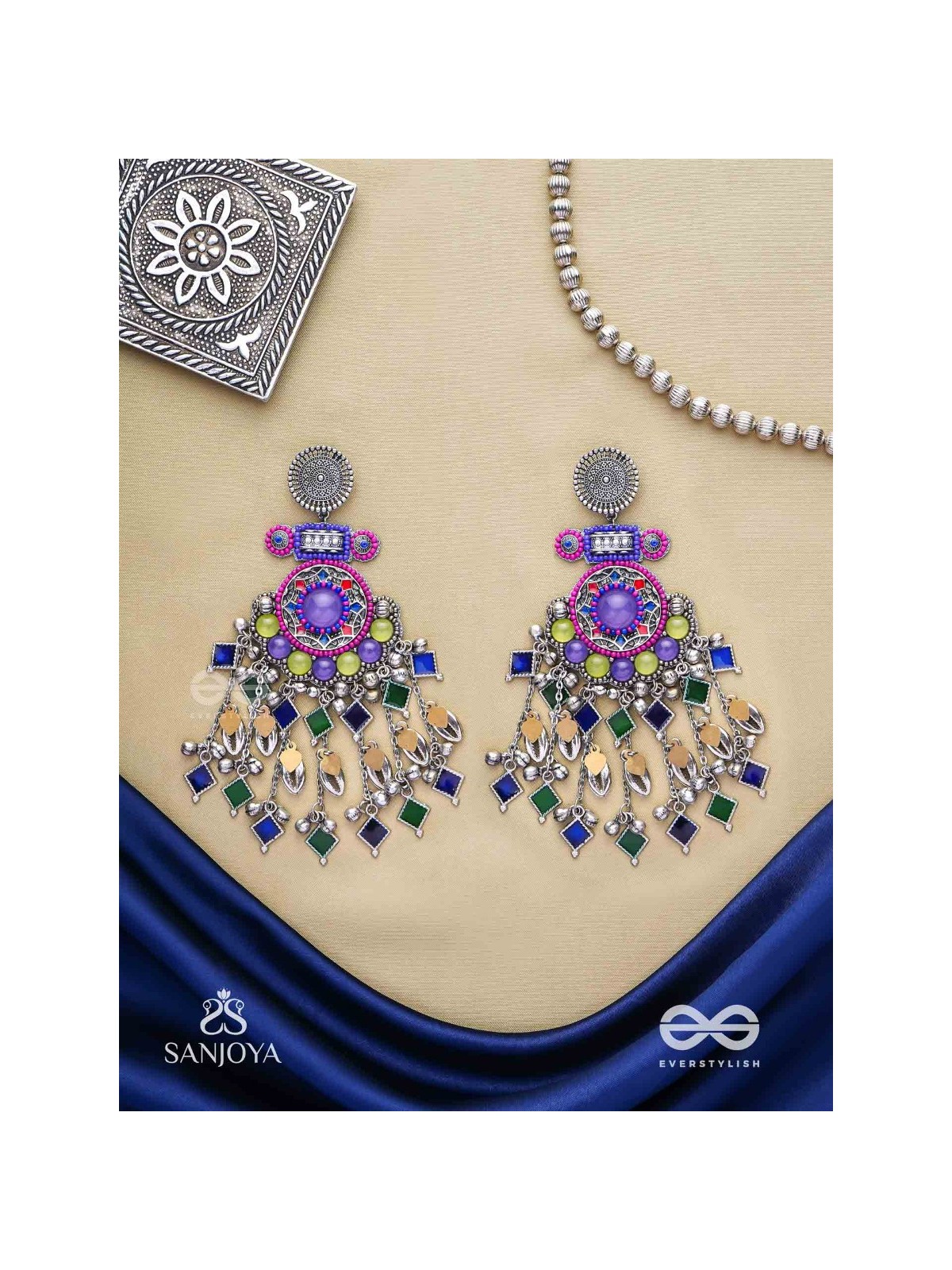 Bahushast - The Merry Sky - Beads And Shells Hand Embroidered Enamelled Oxidised Earrings