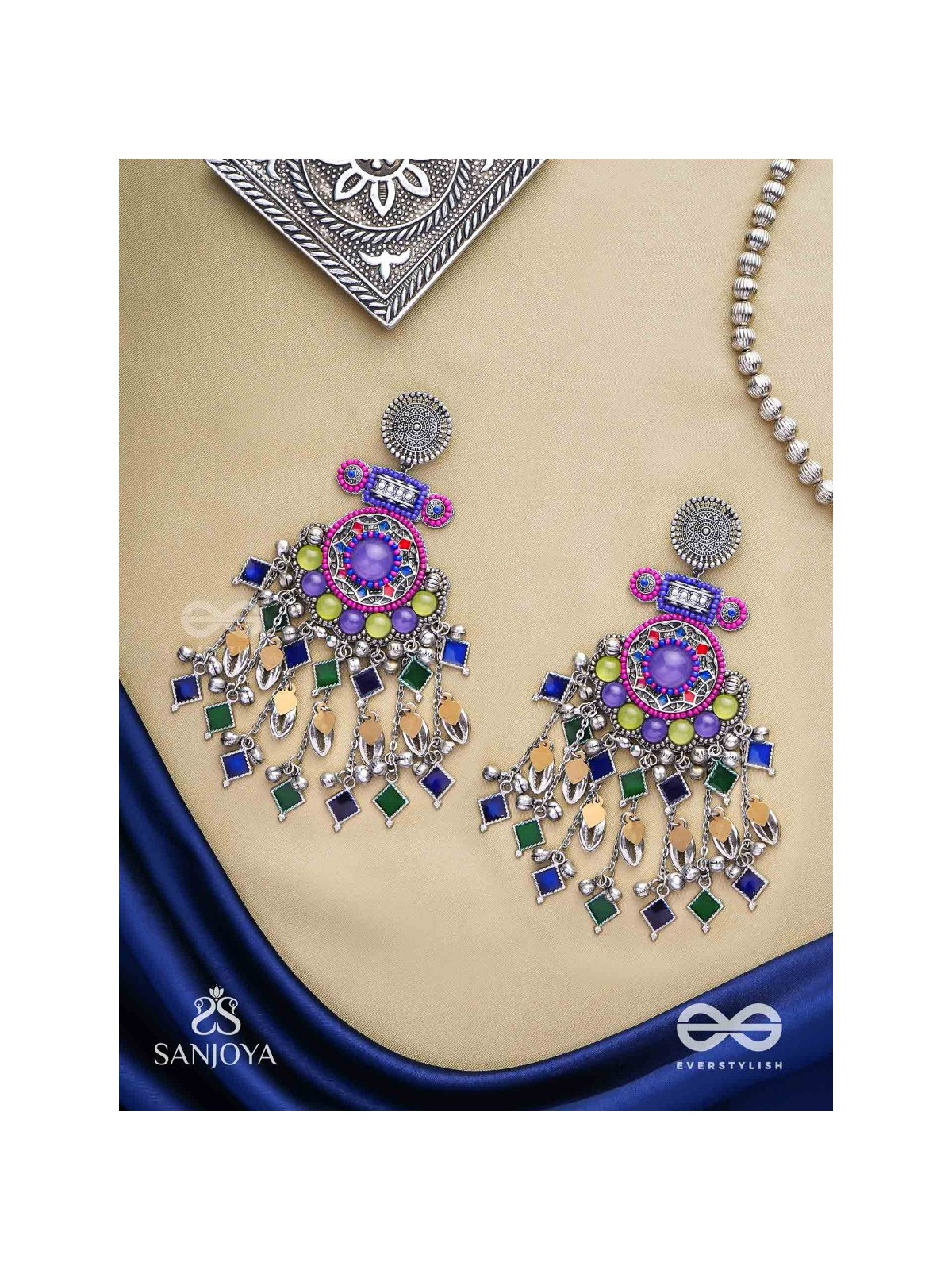 Bahushast - The Merry Sky - Beads And Shells Hand Embroidered Enamelled Oxidised Earrings