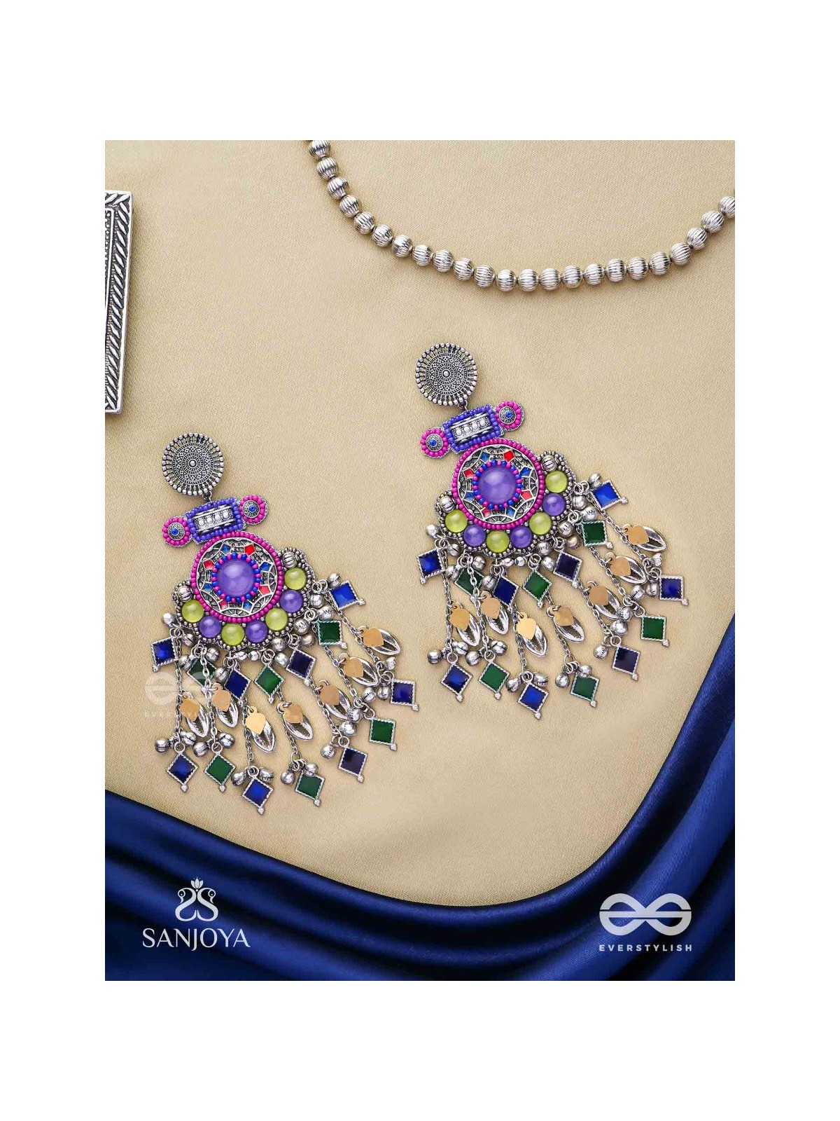 Bahushast - The Merry Sky - Beads And Shells Hand Embroidered Enamelled Oxidised Earrings