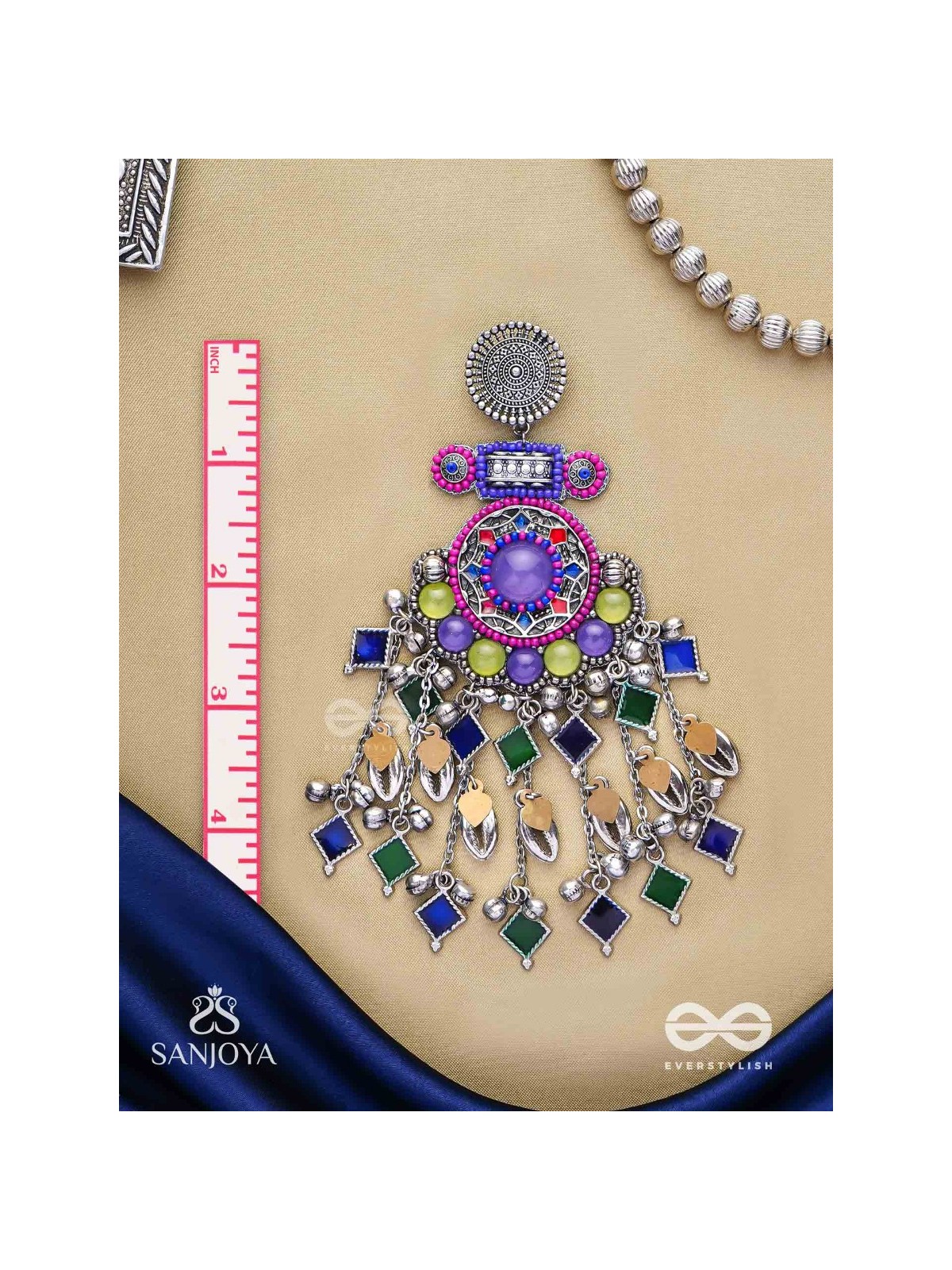 Bahushast - The Merry Sky - Beads And Shells Hand Embroidered Enamelled Oxidised Earrings