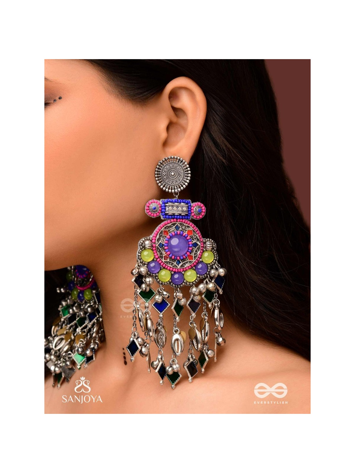 Bahushast - The Merry Sky - Beads And Shells Hand Embroidered Enamelled Oxidised Earrings