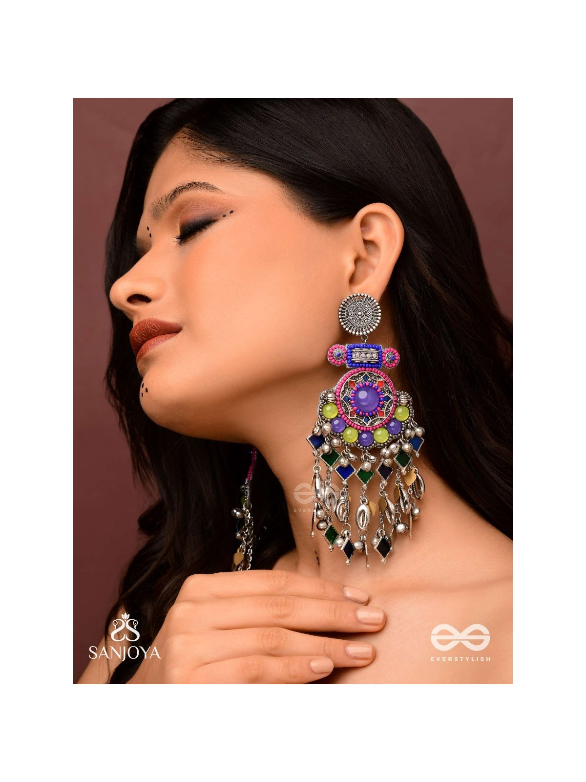 Bahushast - The Merry Sky - Beads And Shells Hand Embroidered Enamelled Oxidised Earrings