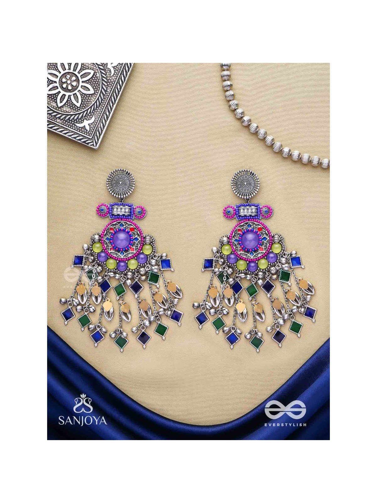 Bahushast - The Merry Sky - Beads And Shells Hand Embroidered Enamelled Oxidised Earrings