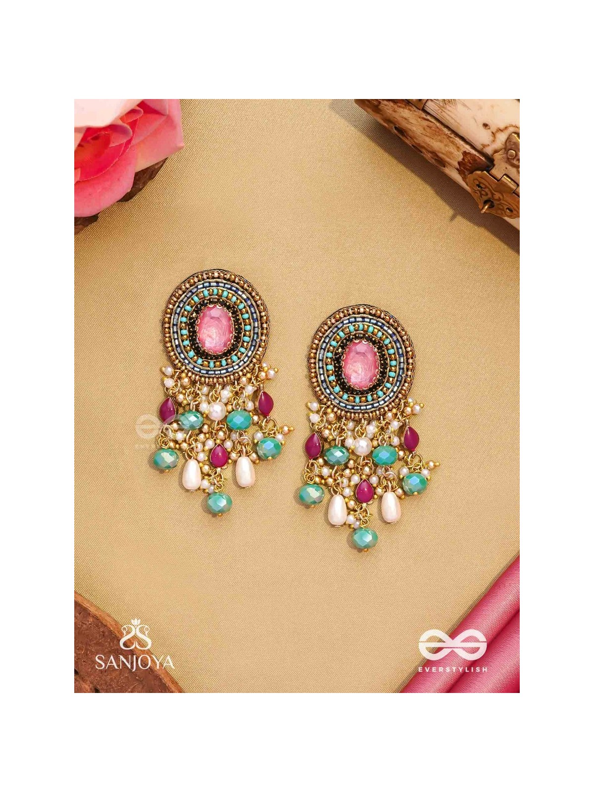 Prakhyaih - The Hazy Splendor - Stones, Beads And Pearl Drops Hand Embroidered Earrings