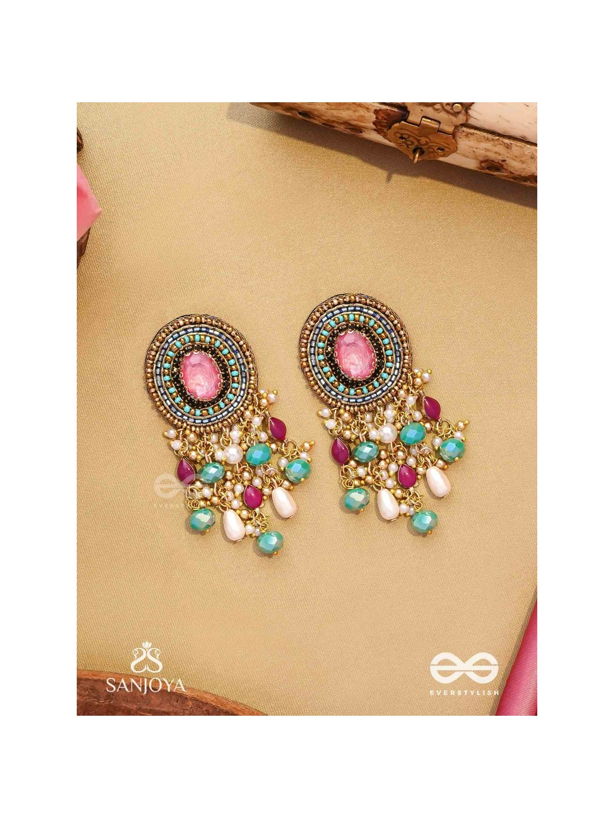 Prakhyaih - The Hazy Splendor - Stones, Beads And Pearl Drops Hand Embroidered Earrings