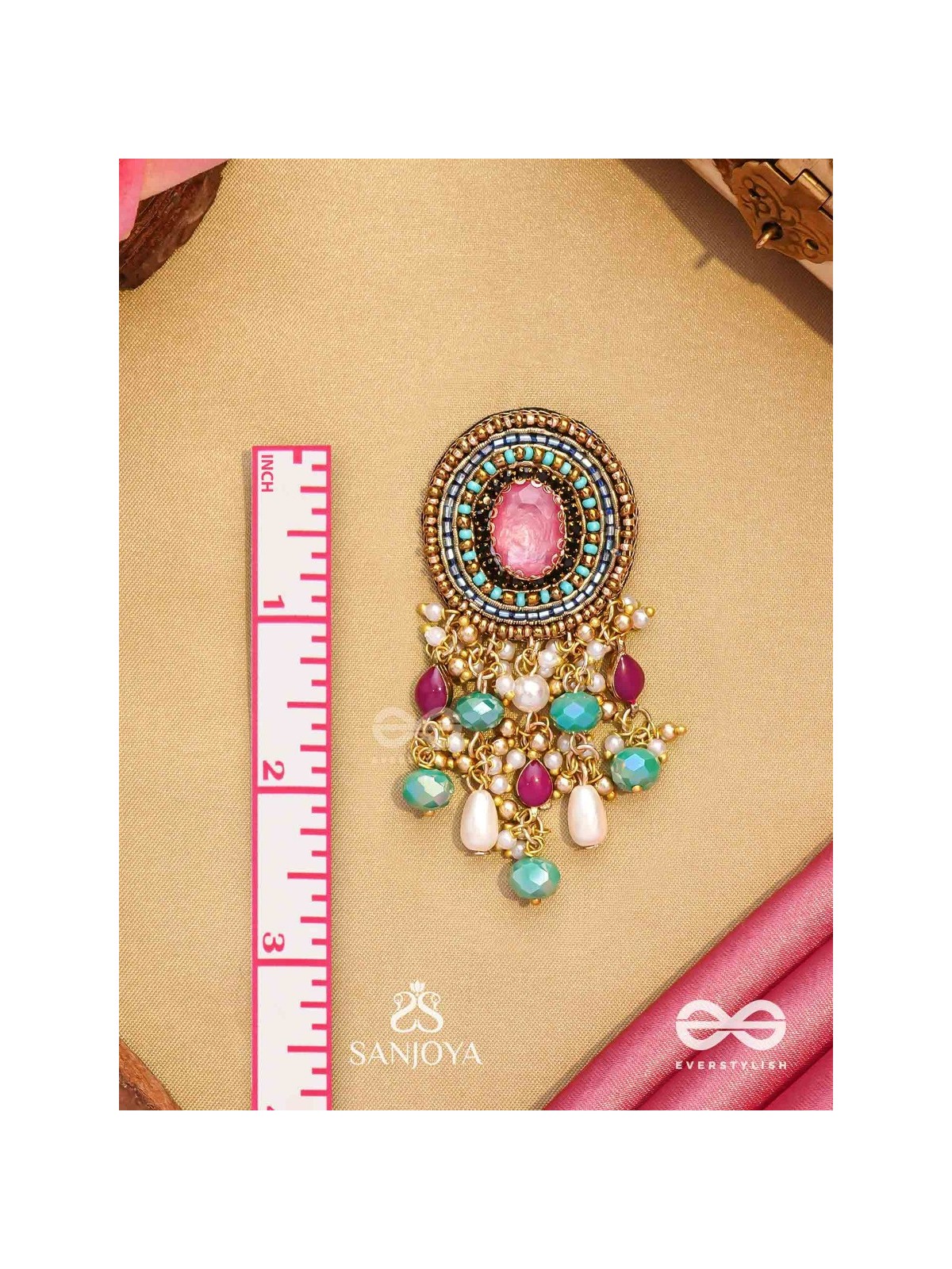 Prakhyaih - The Hazy Splendor - Stones, Beads And Pearl Drops Hand Embroidered Earrings