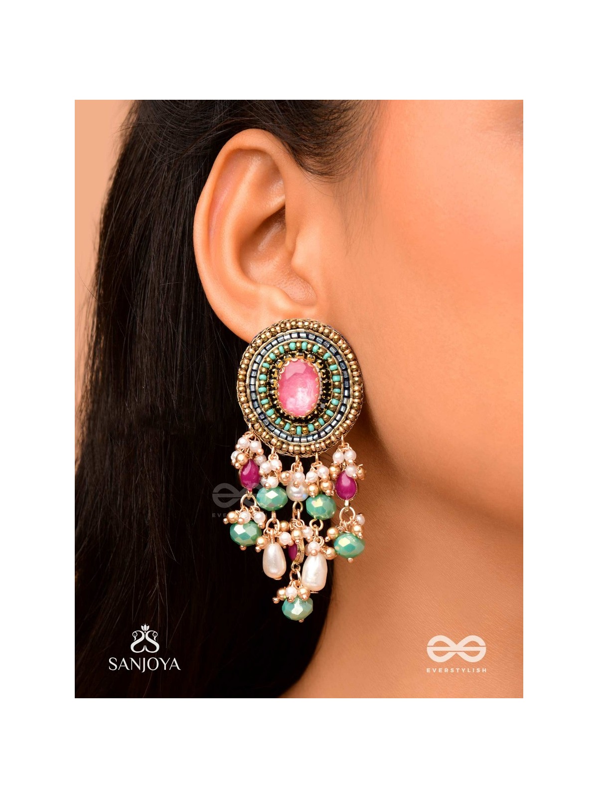 Prakhyaih - The Hazy Splendor - Stones, Beads And Pearl Drops Hand Embroidered Earrings