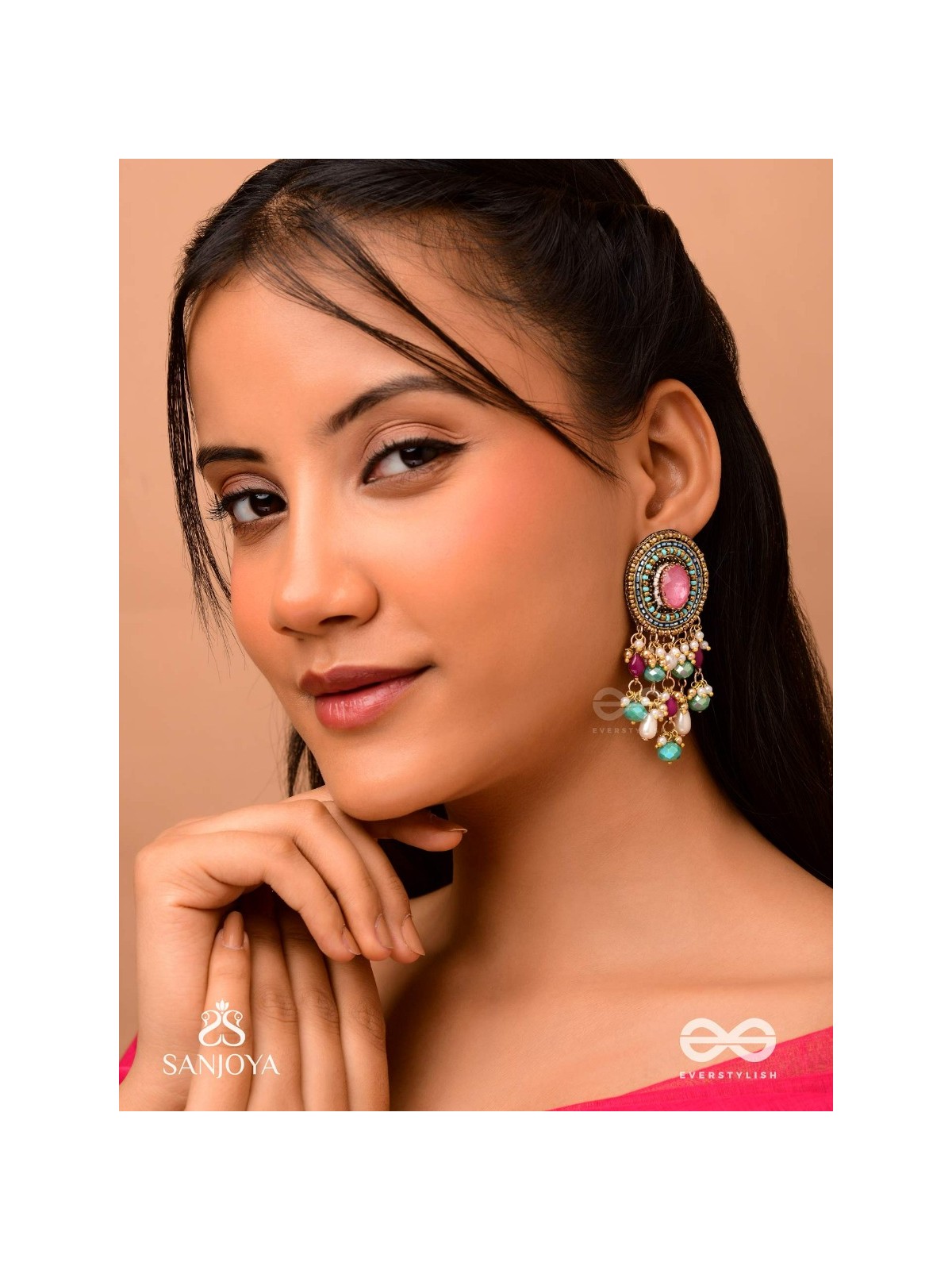 Prakhyaih - The Hazy Splendor - Stones, Beads And Pearl Drops Hand Embroidered Earrings