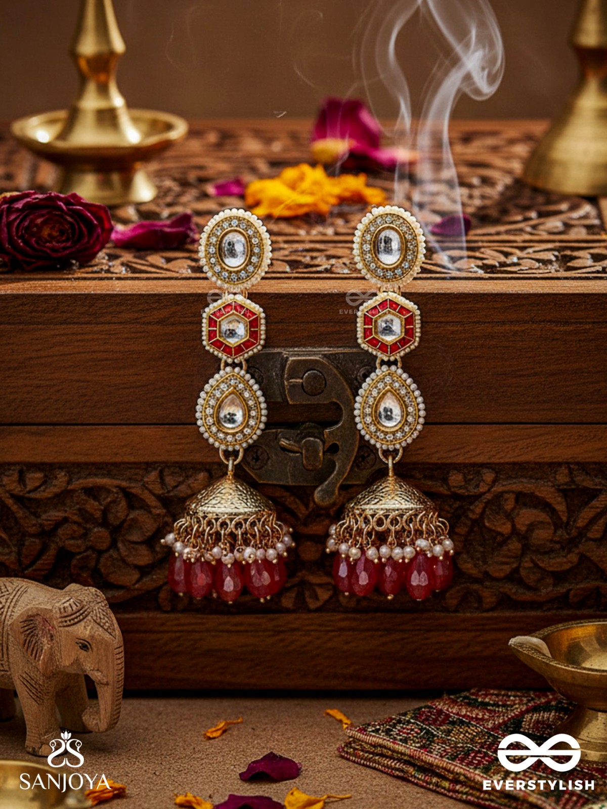 Suvarnmani - The Golden Gem –Golden enamel earrings adorned with gemstones and dangling beads