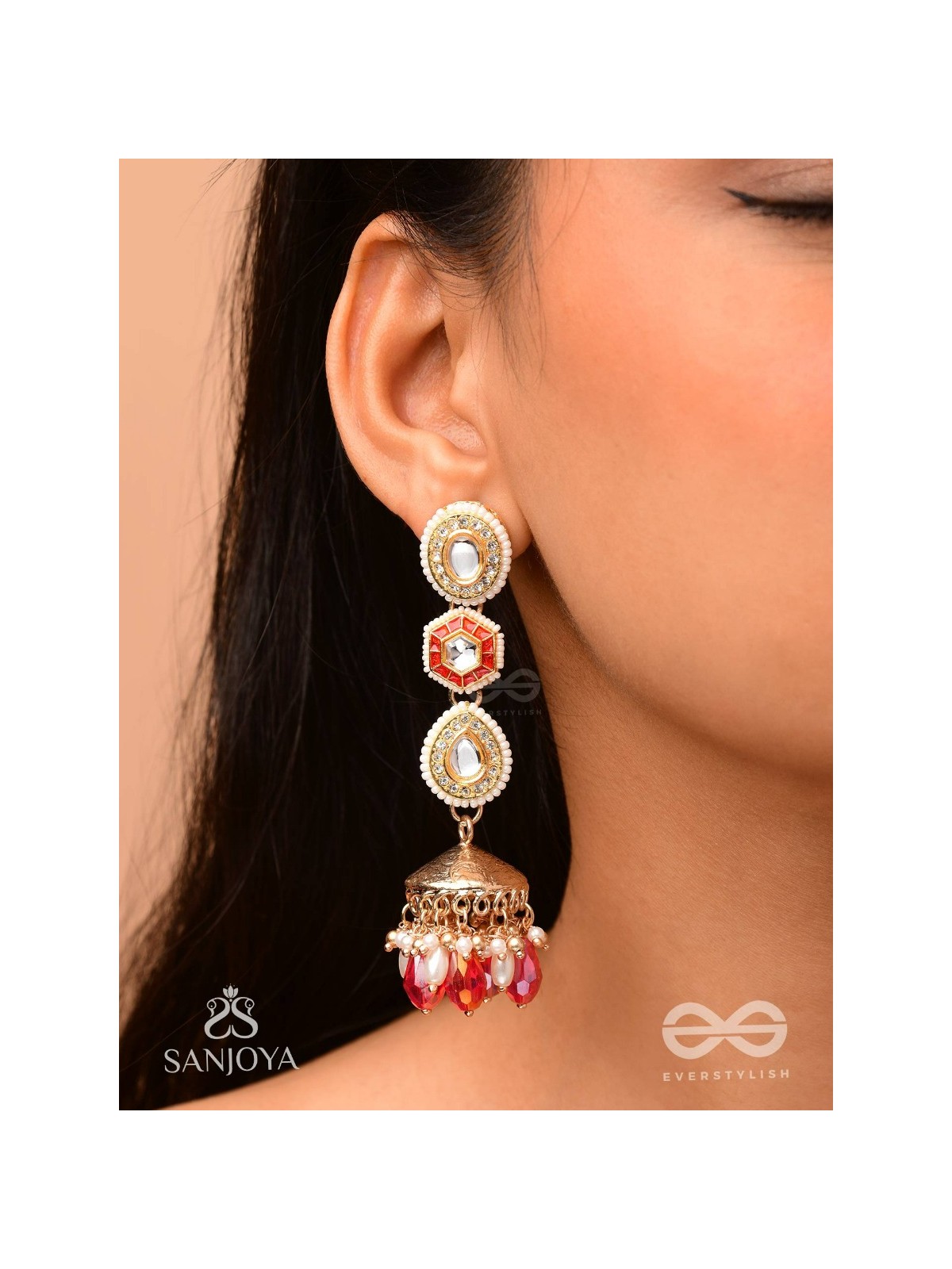 Suvarnmani - The Golden Gem –Golden enamel earrings adorned with gemstones and dangling beads