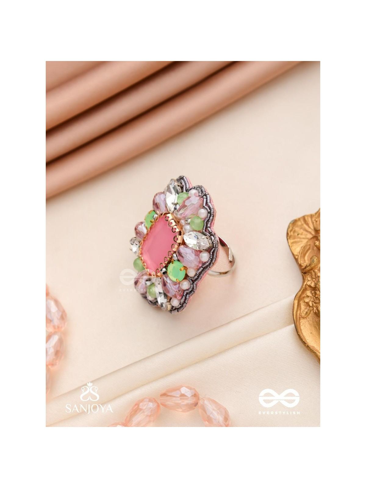 SUKRATMANI –WELL-CRAFTED GEM –HAND EMBROIDERED PINK RING EMBELLISHED WITH STONES AND PEARLS