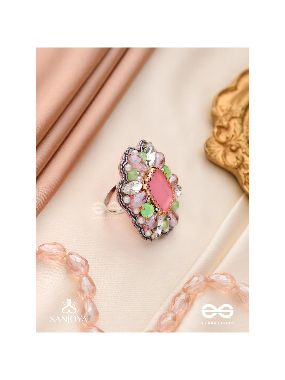SUKRATMANI –WELL-CRAFTED GEM –HAND EMBROIDERED PINK RING EMBELLISHED WITH STONES AND PEARLS