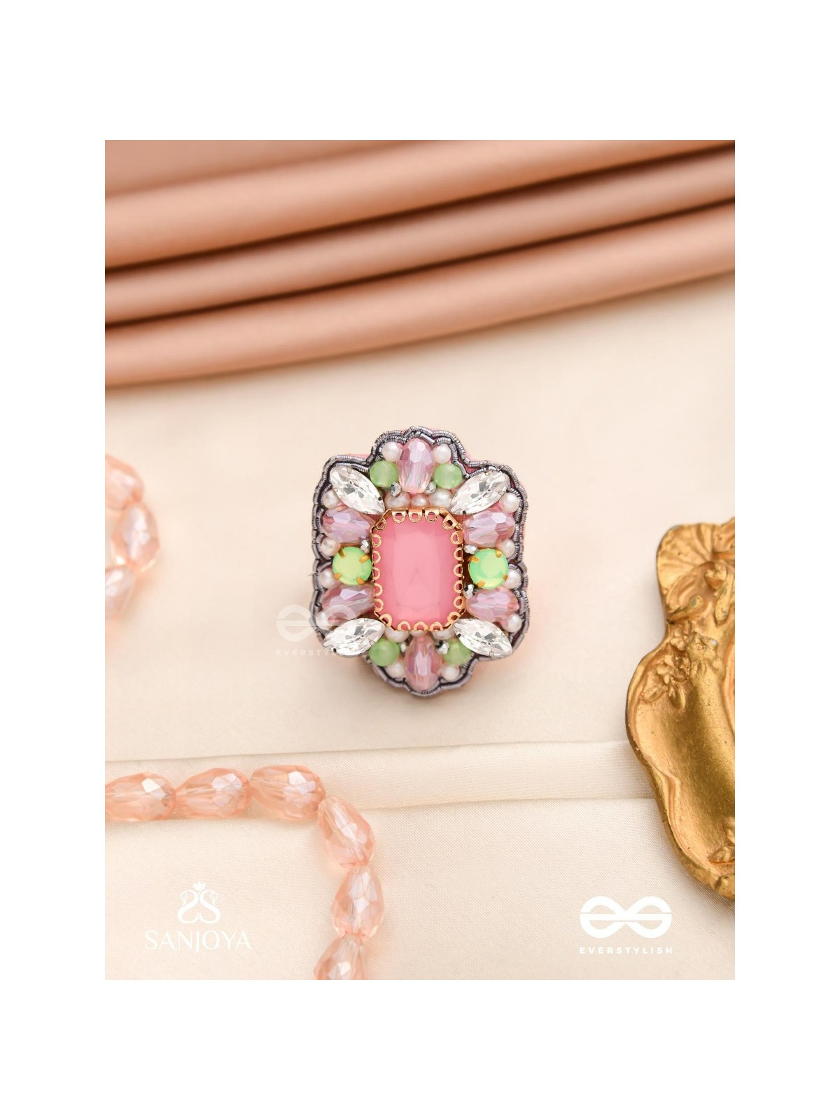 SUKRATMANI –WELL-CRAFTED GEM –HAND EMBROIDERED PINK RING EMBELLISHED WITH STONES AND PEARLS